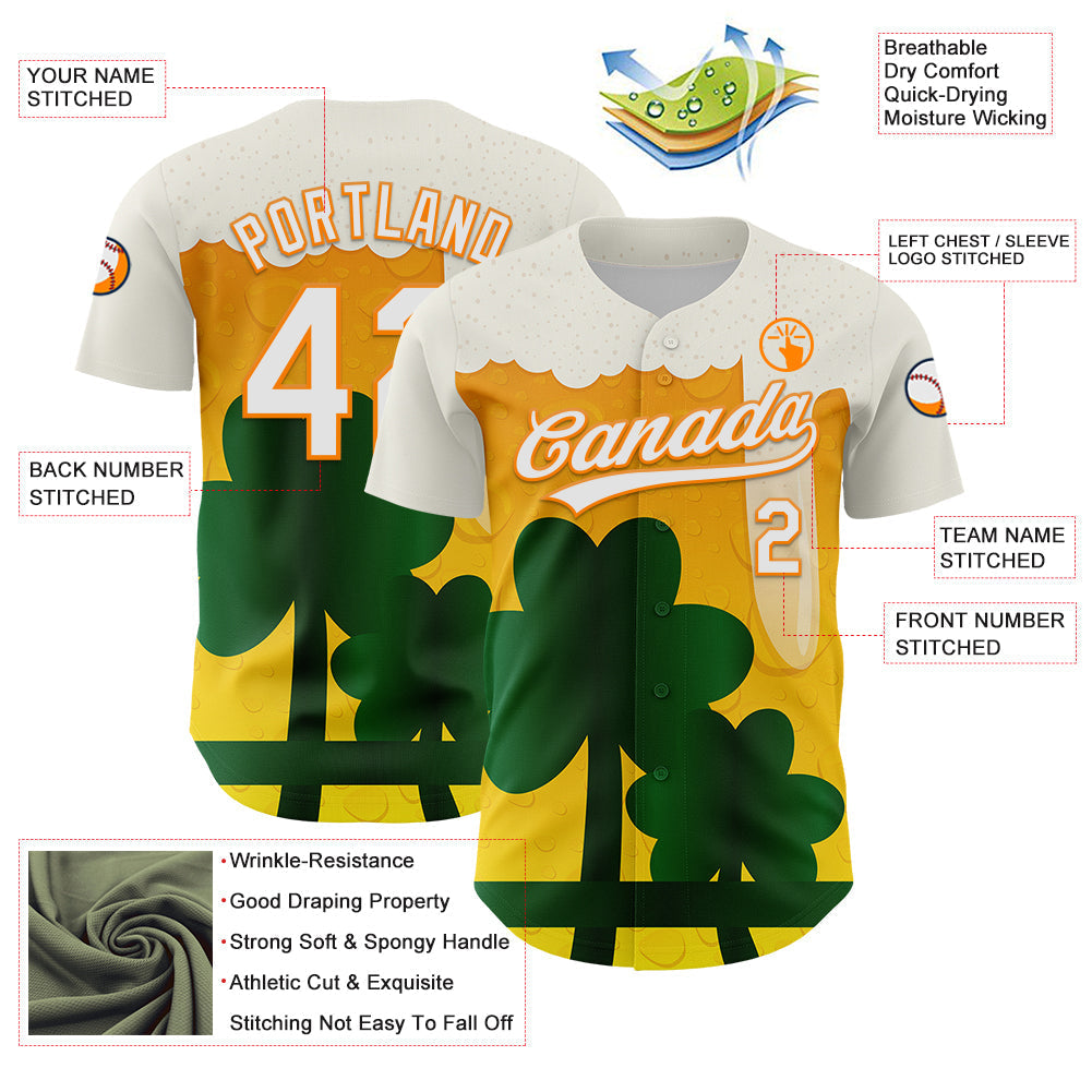 Custom White Bay Orange-Green 3D St. Patrick's Day Shamrock Beer Authentic Baseball Jersey baseball jersey product view 3