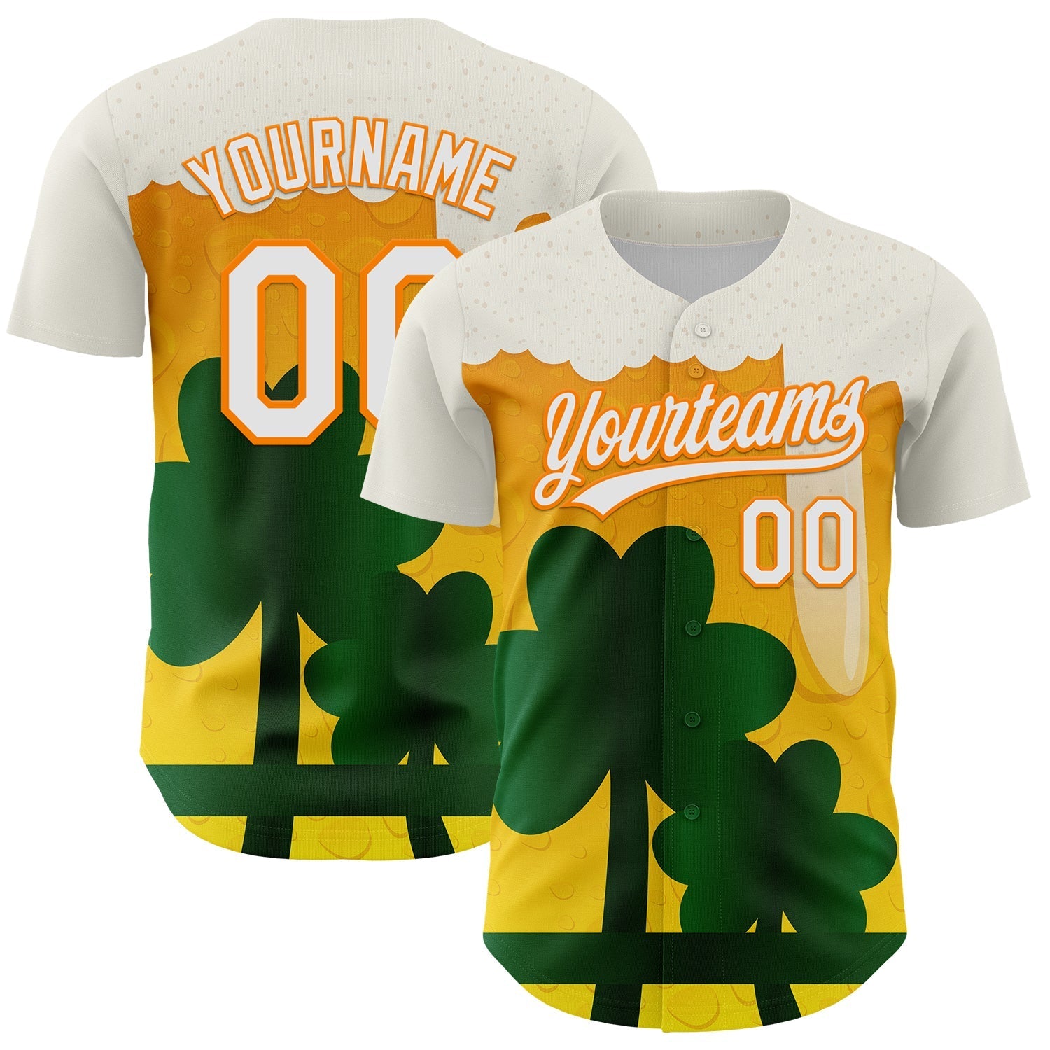Custom White Bay Orange-Green 3D St. Patrick's Day Shamrock Beer Authentic Baseball Jersey baseball jersey product view 1