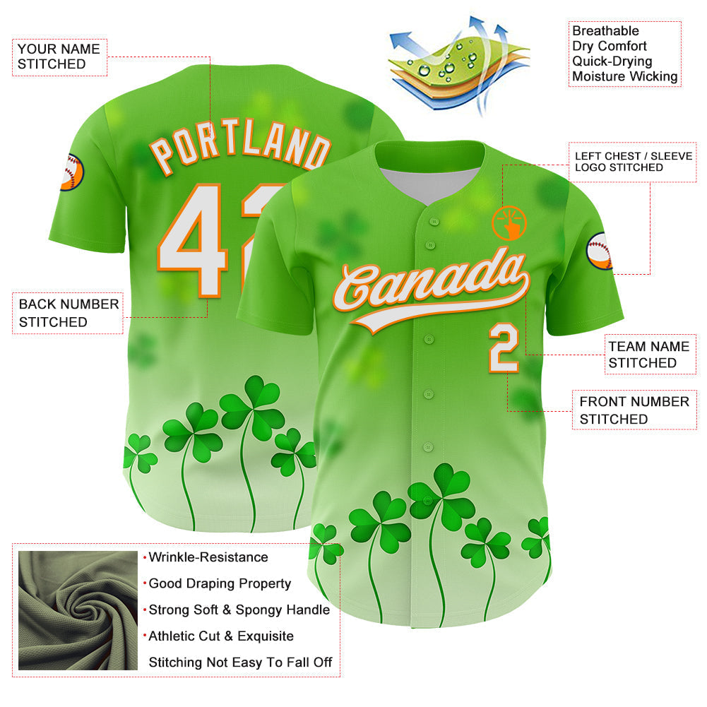 Custom Green White-Bay Orange 3D St. Patrick's Day Shamrock Authentic Baseball Jersey baseball jersey product view 3