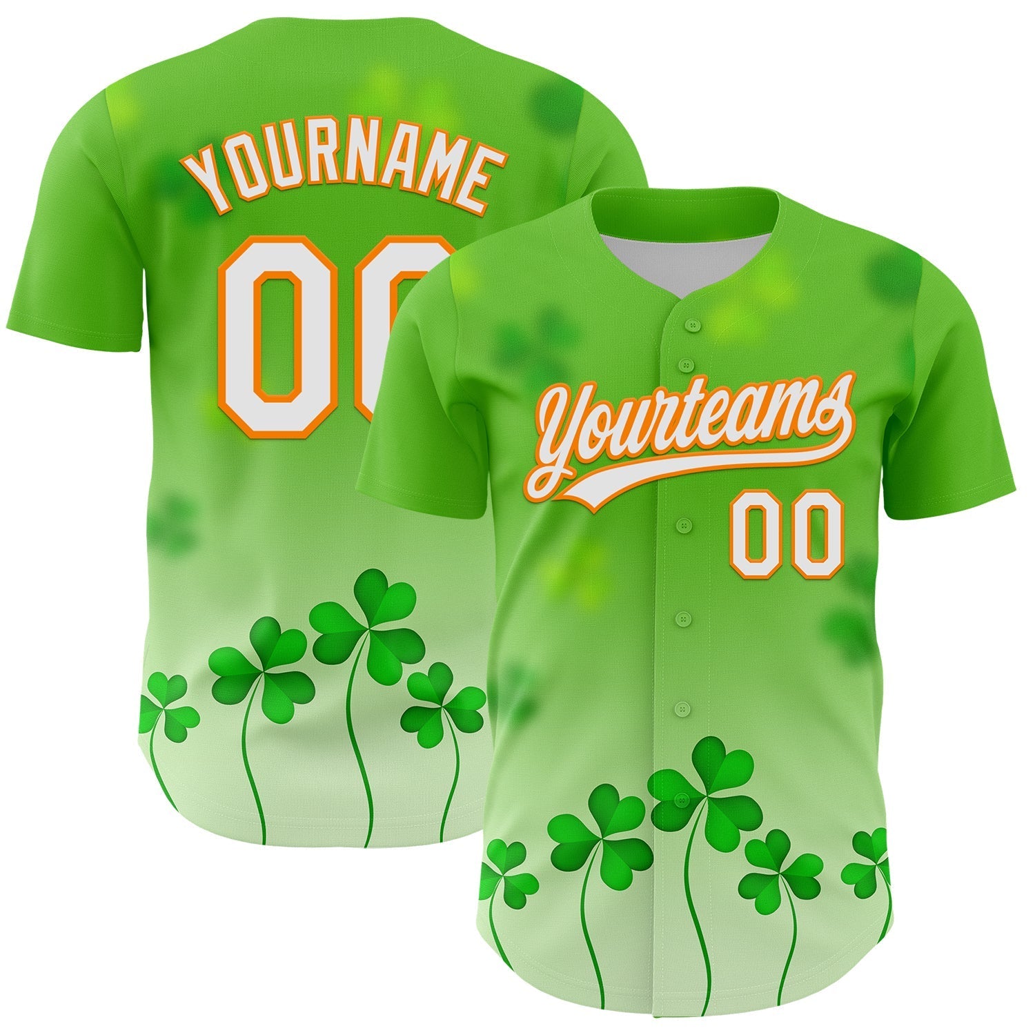 Custom Green White-Bay Orange 3D St. Patrick's Day Shamrock Authentic Baseball Jersey baseball jersey product view 1