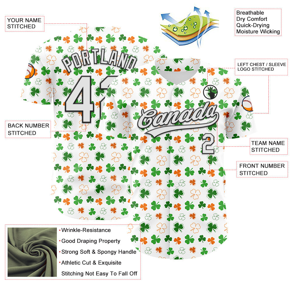 Custom White Black Green-Bay Orange 3D St. Patrick's Day Shamrock Authentic Baseball Jersey baseball jersey product view 3