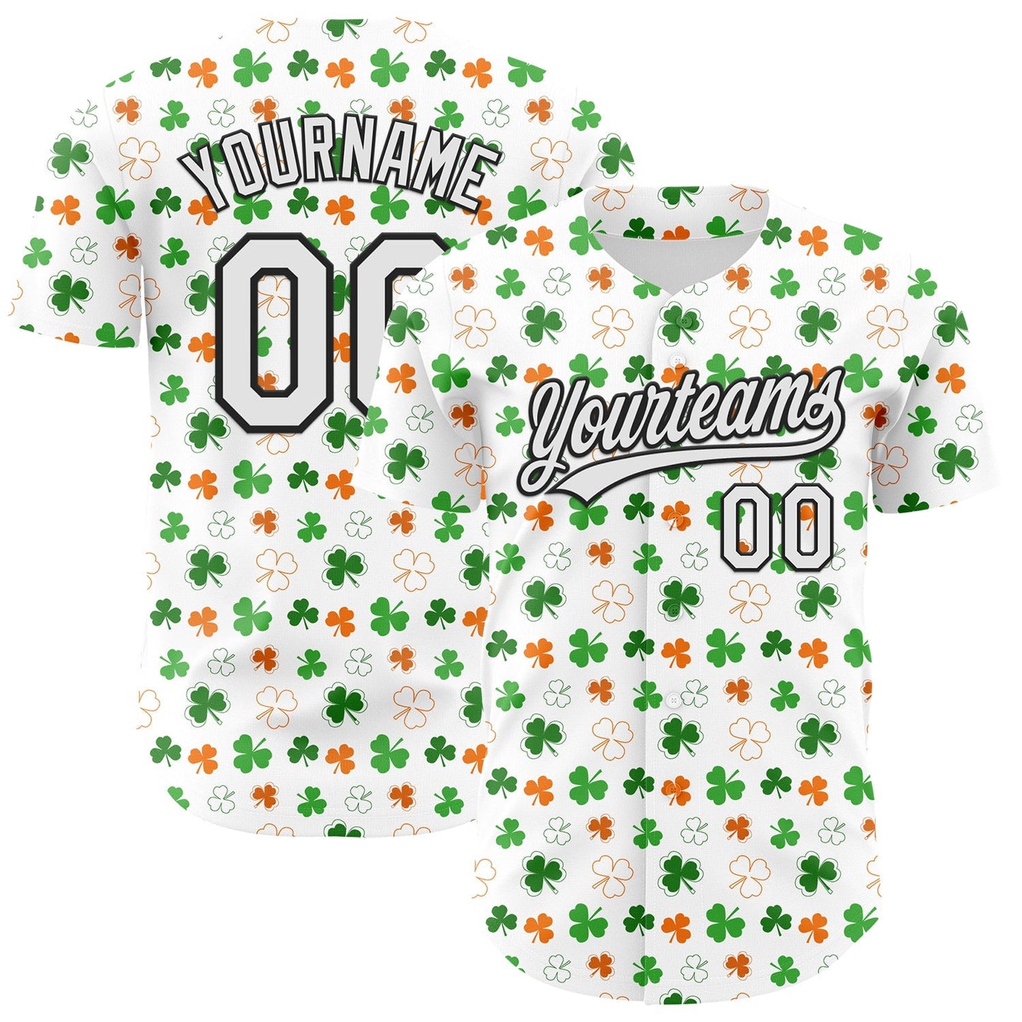 Custom White Black Green-Bay Orange 3D St. Patrick's Day Shamrock Authentic Baseball Jersey baseball jersey product view 1