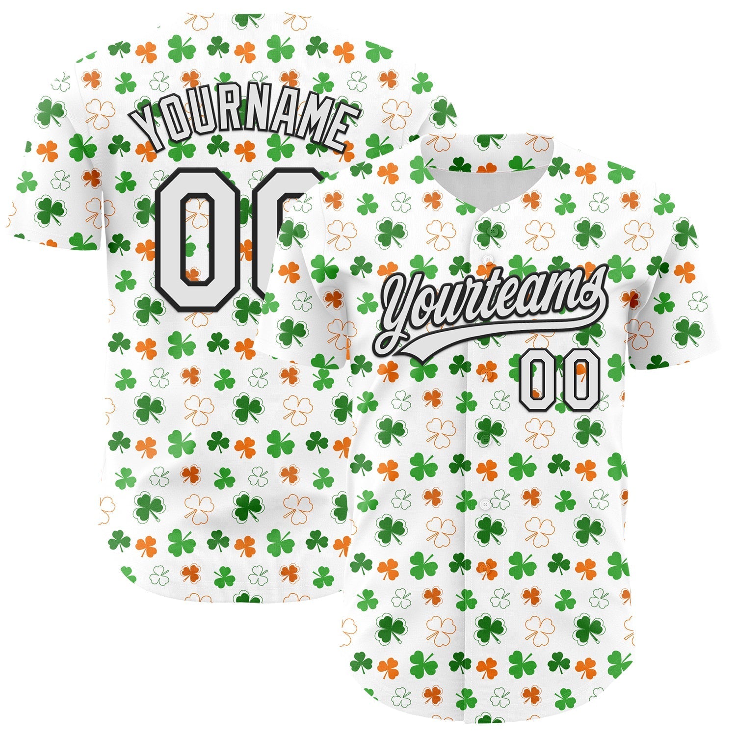 Custom White Black Green-Bay Orange 3D St. Patrick's Day Shamrock Authentic Baseball Jersey baseball jersey product view 1
