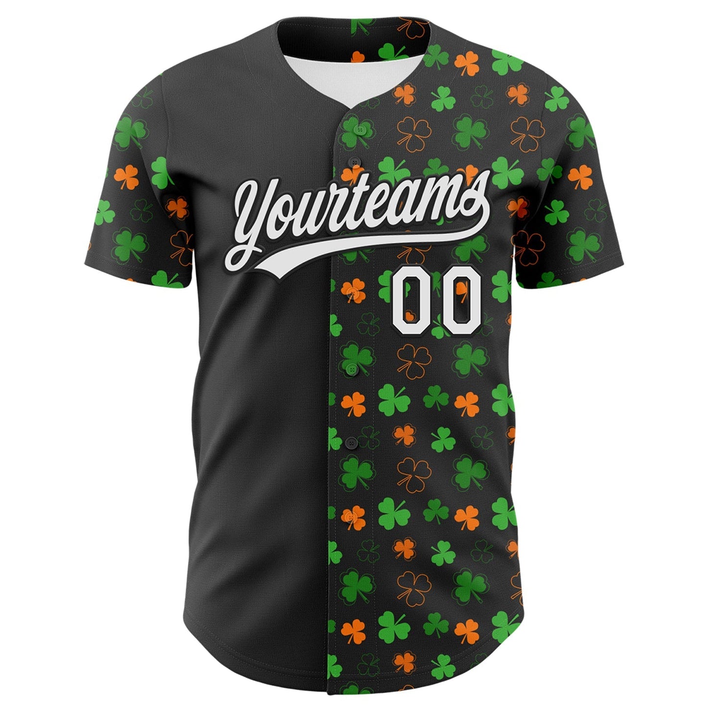 Custom Black Green-Bay Orange 3D St. Patrick's Day Shamrock Authentic Baseball Jersey baseball jersey product view 2