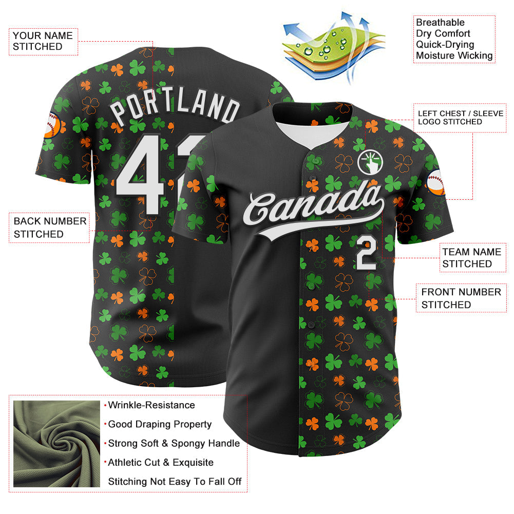 Custom Black Green-Bay Orange 3D St. Patrick's Day Shamrock Authentic Baseball Jersey baseball jersey product view 3