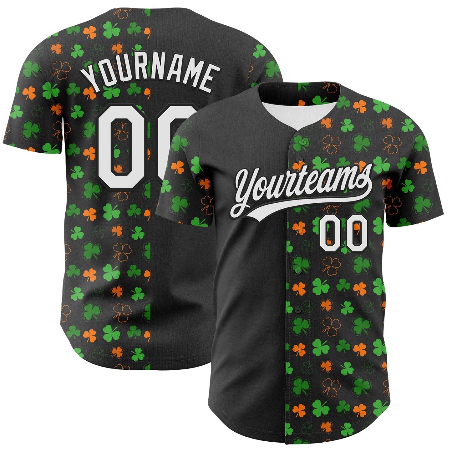 Custom Black Green-Bay Orange 3D St. Patrick's Day Shamrock Authentic Baseball Jersey baseball jersey product view 1