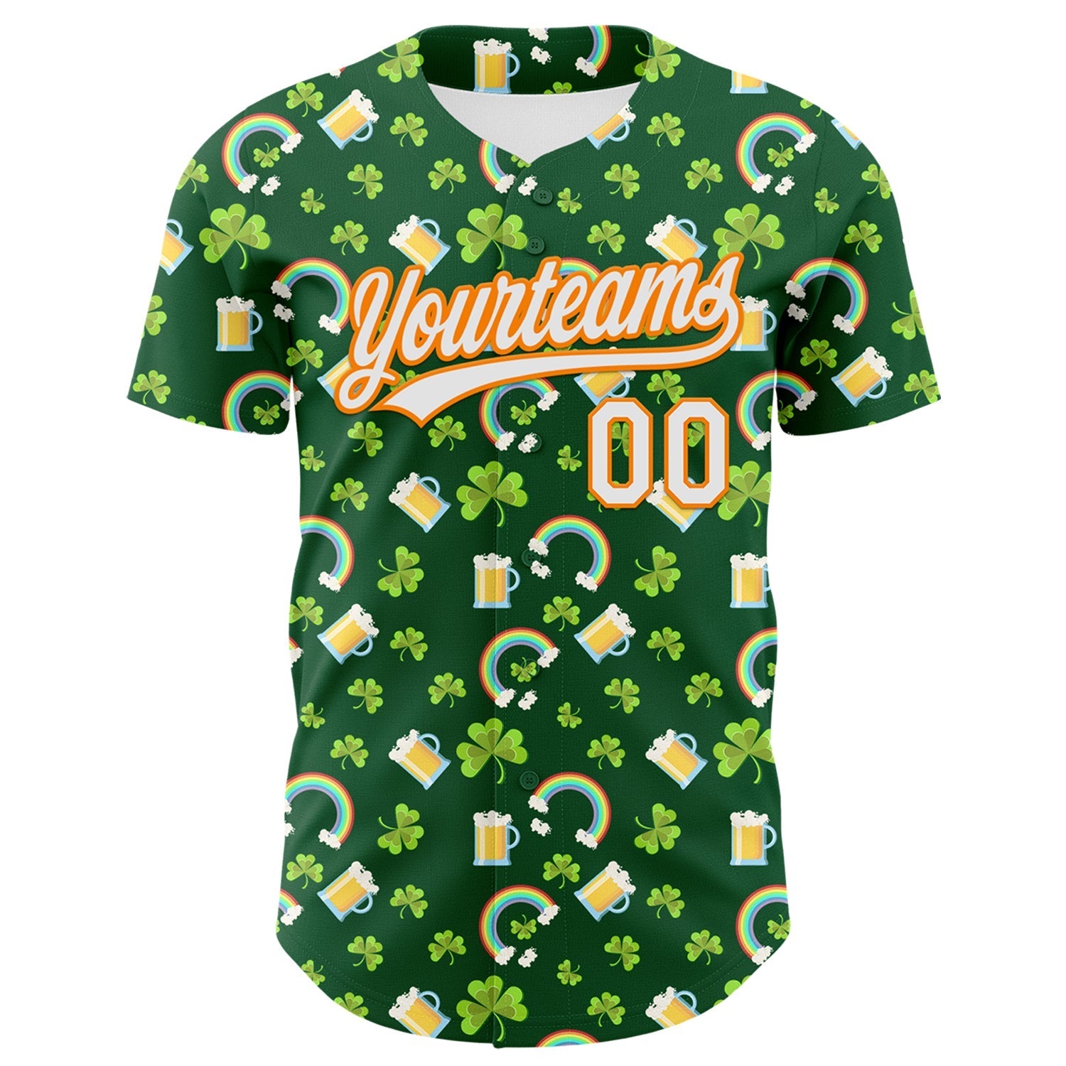 Custom Green White-Bay Orange 3D St. Patrick's Day Shamrock Beer Authentic Baseball Jersey baseball jersey product view 2