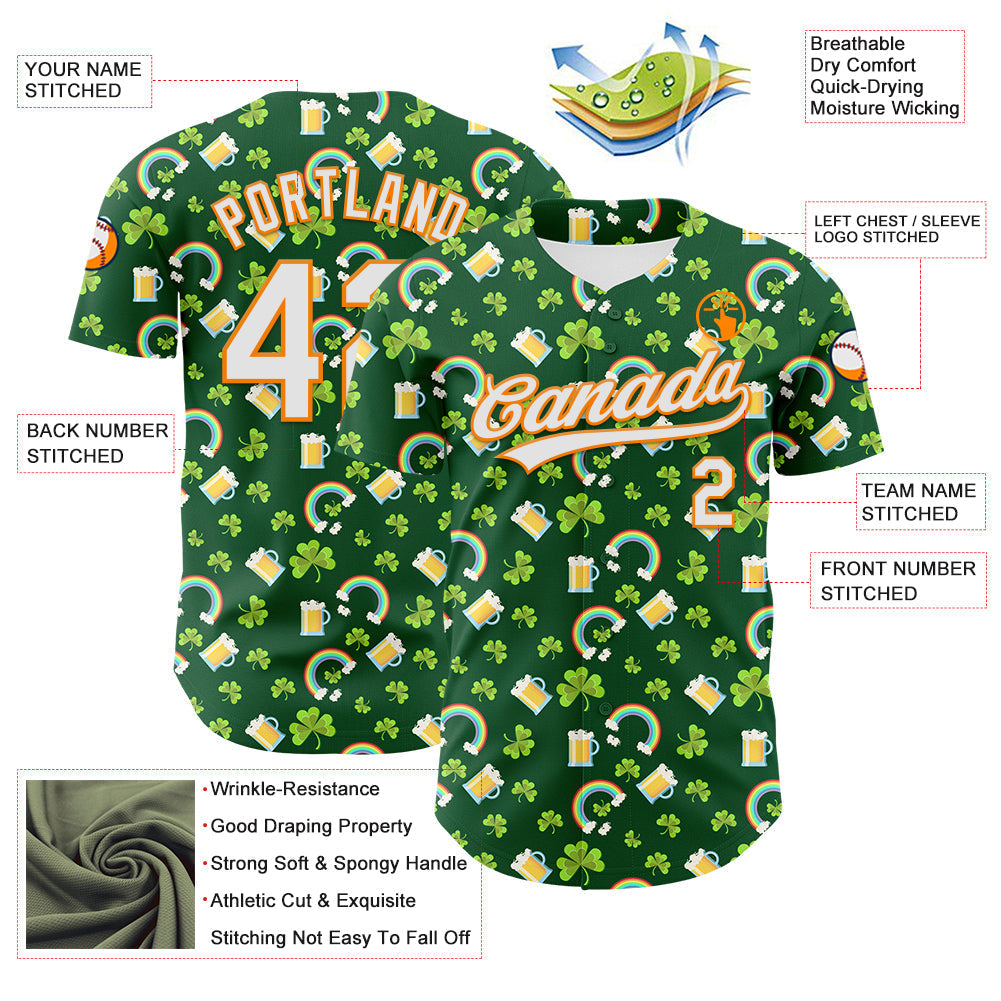 Custom Green White-Bay Orange 3D St. Patrick's Day Shamrock Beer Authentic Baseball Jersey baseball jersey product view 3