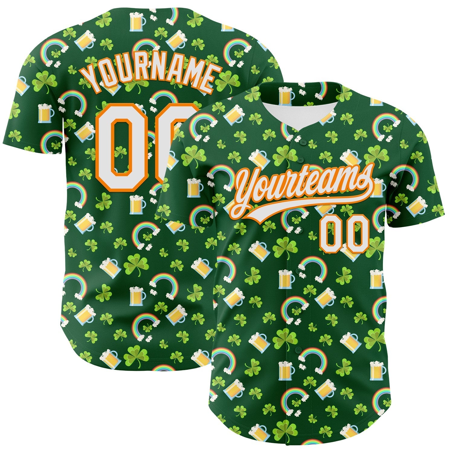 Custom Green White-Bay Orange 3D St. Patrick's Day Shamrock Beer Authentic Baseball Jersey baseball jersey product view 1