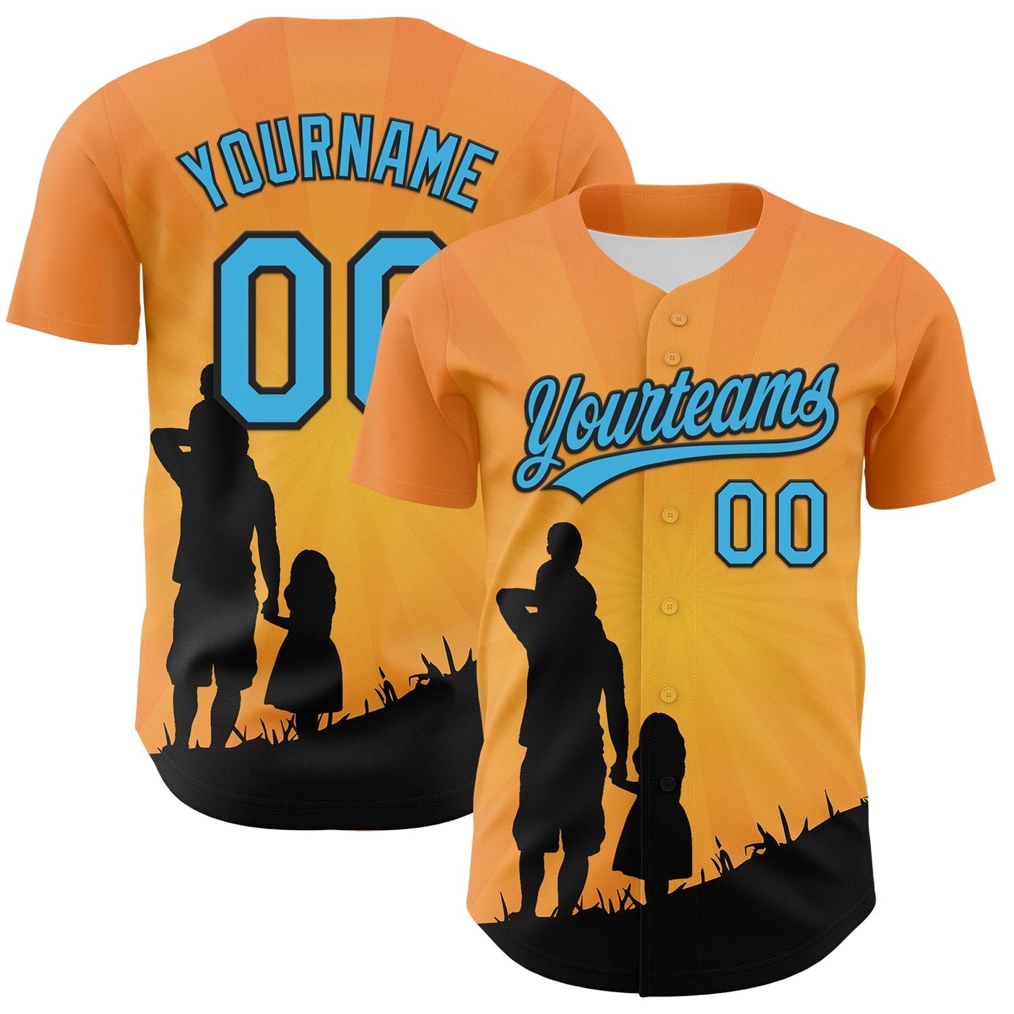 Custom Bay Orange Sky Blue-Black 3D Pattern Design Father's Day Family Love Authentic Baseball Jersey baseball jersey product view 1