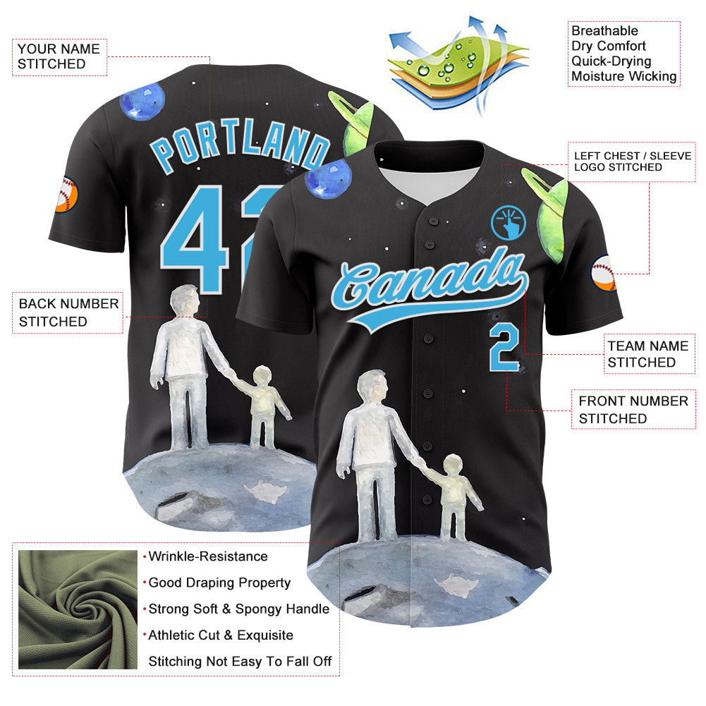 Custom Black Sky Blue-White 3D Pattern Design Father's Day Family Love Authentic Baseball Jersey baseball jersey product view 3