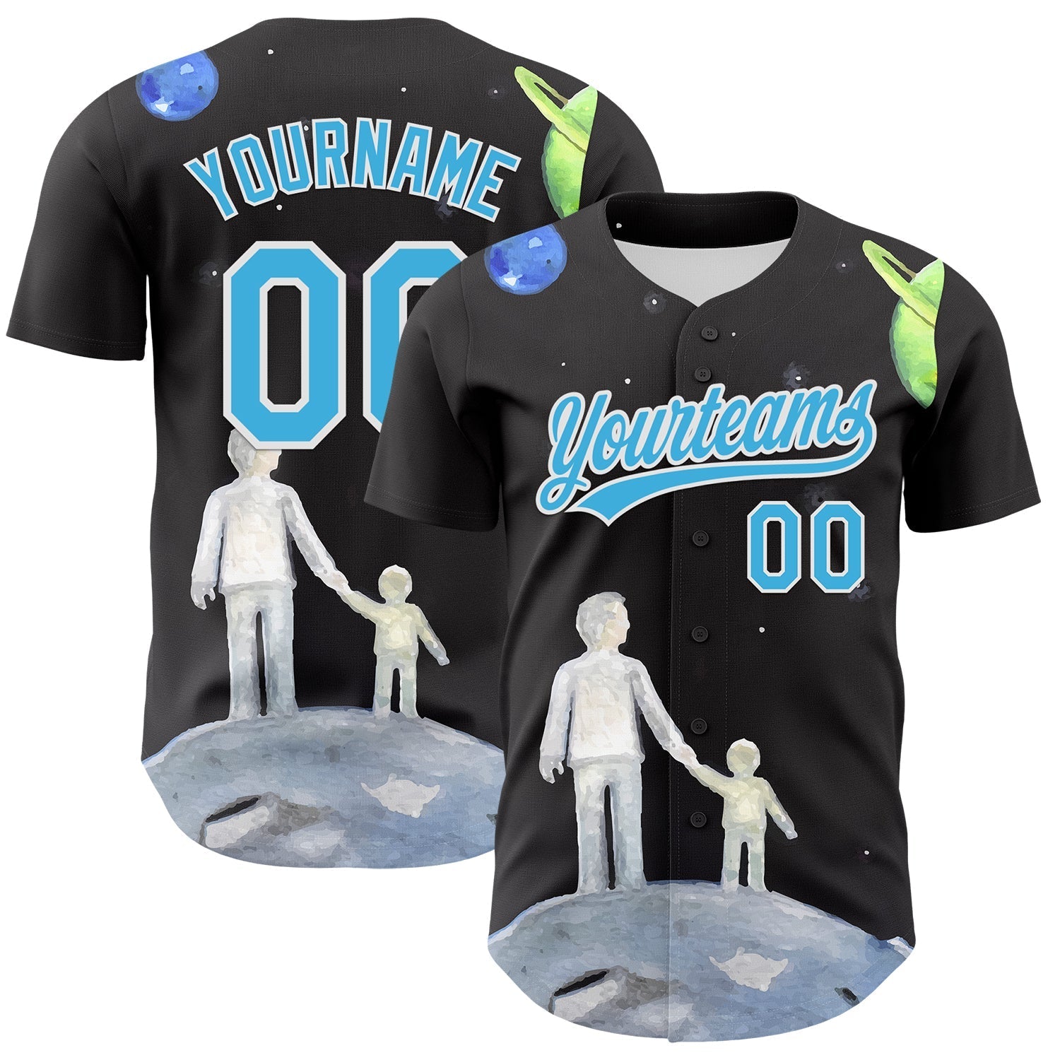 Custom Black Sky Blue-White 3D Pattern Design Father's Day Family Love Authentic Baseball Jersey baseball jersey product view 1