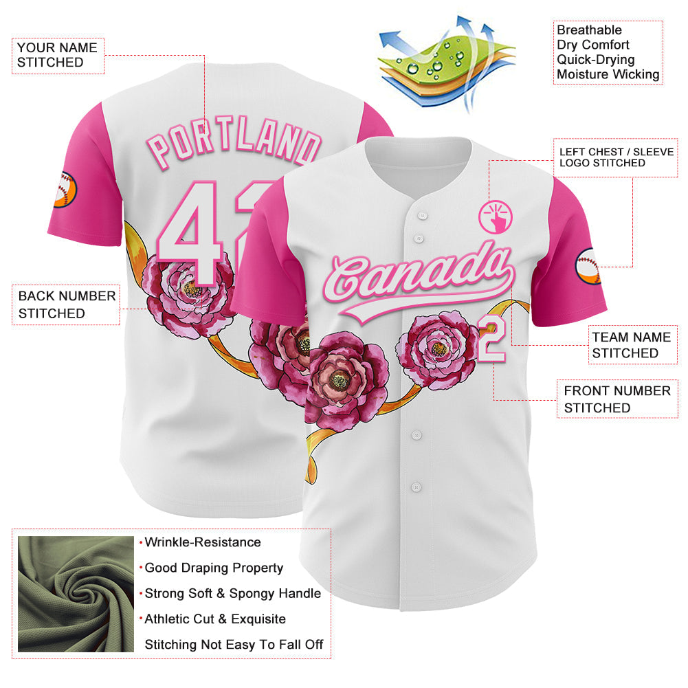Custom White Pink 3D Pattern Design Mother's Day Flower Authentic Baseball Jersey baseball jersey product view 3