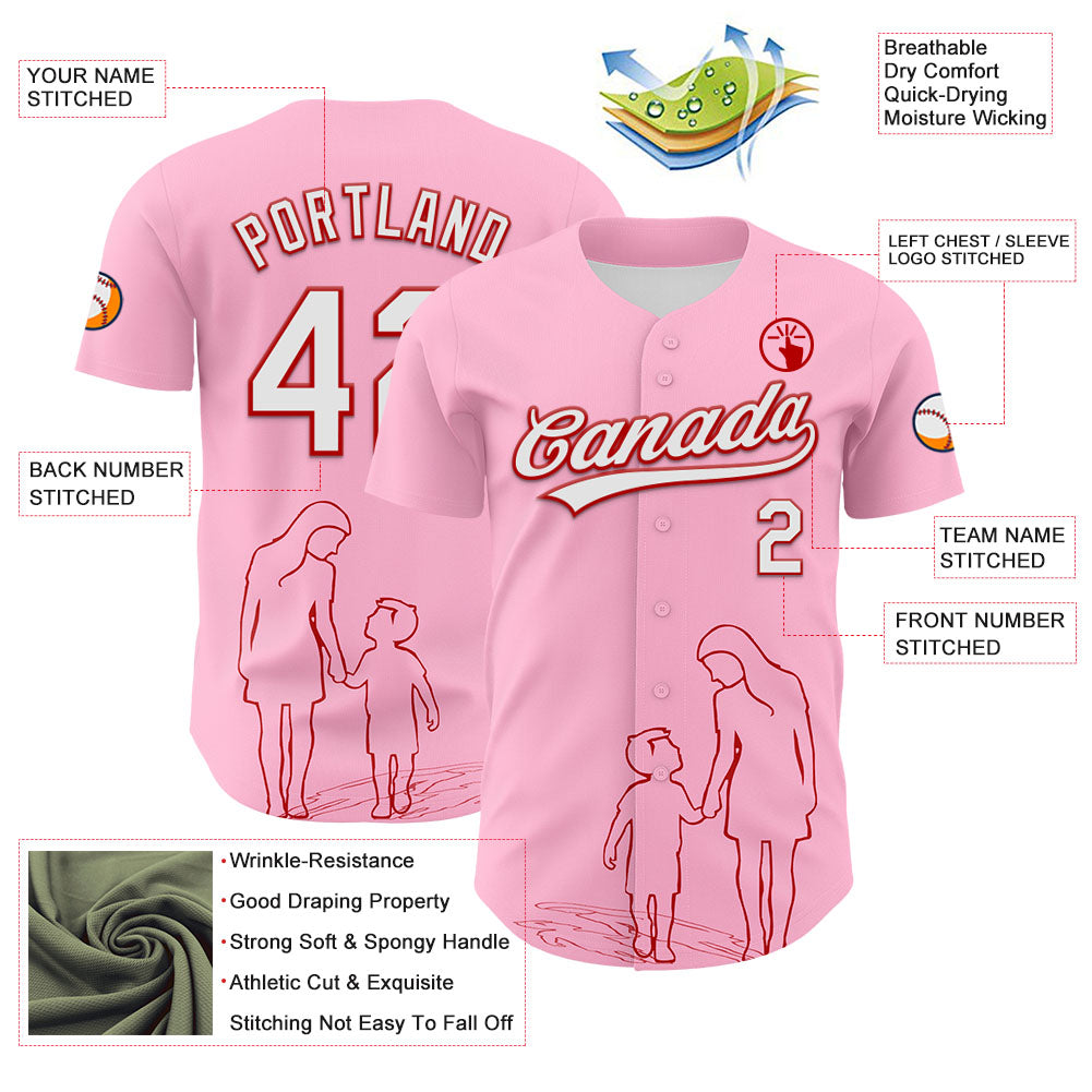 Custom Light Pink White-Red 3D Pattern Design Mother's Day Family Love Authentic Baseball Jersey baseball jersey product view 3