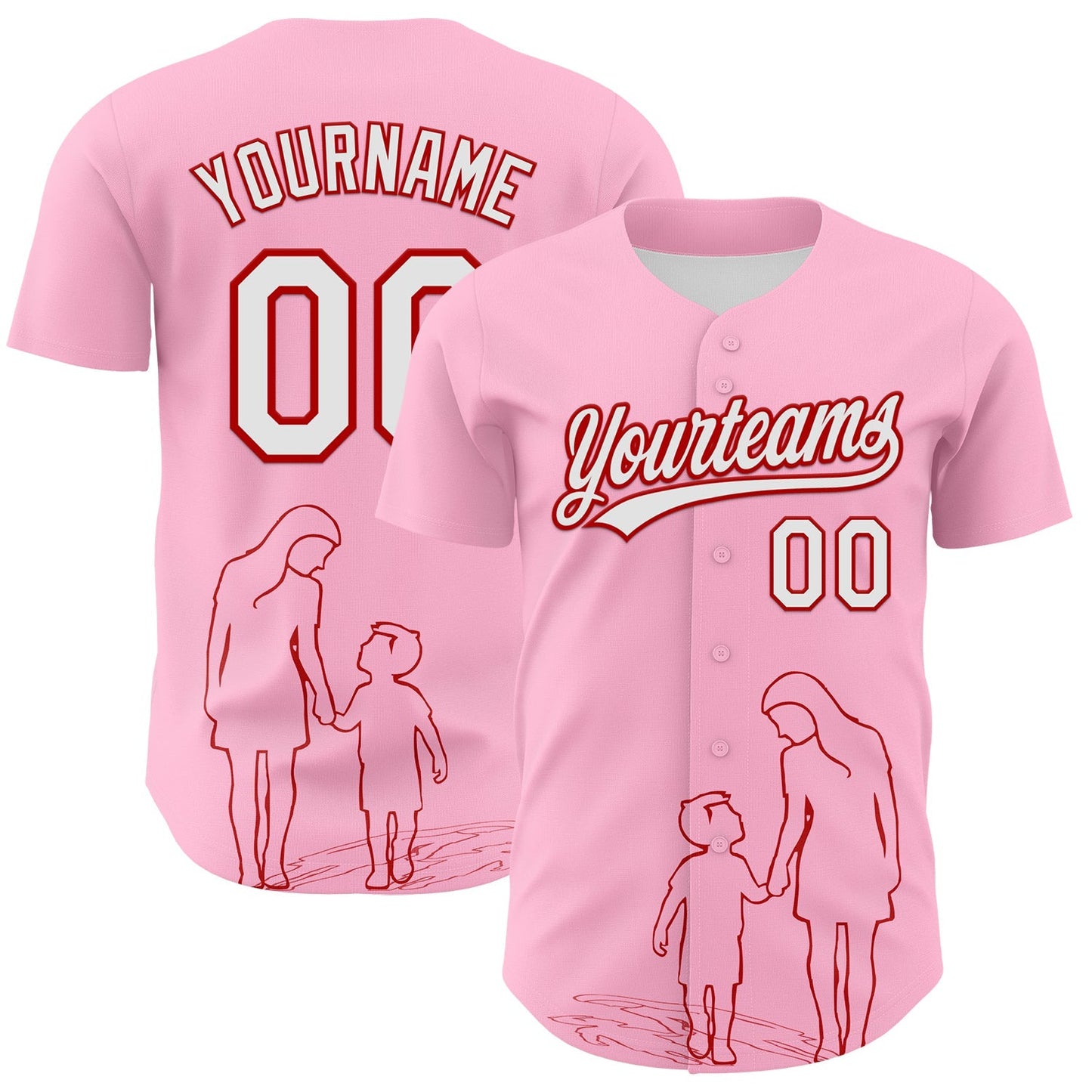 Custom Light Pink White-Red 3D Pattern Design Mother's Day Family Love Authentic Baseball Jersey baseball jersey product view 1