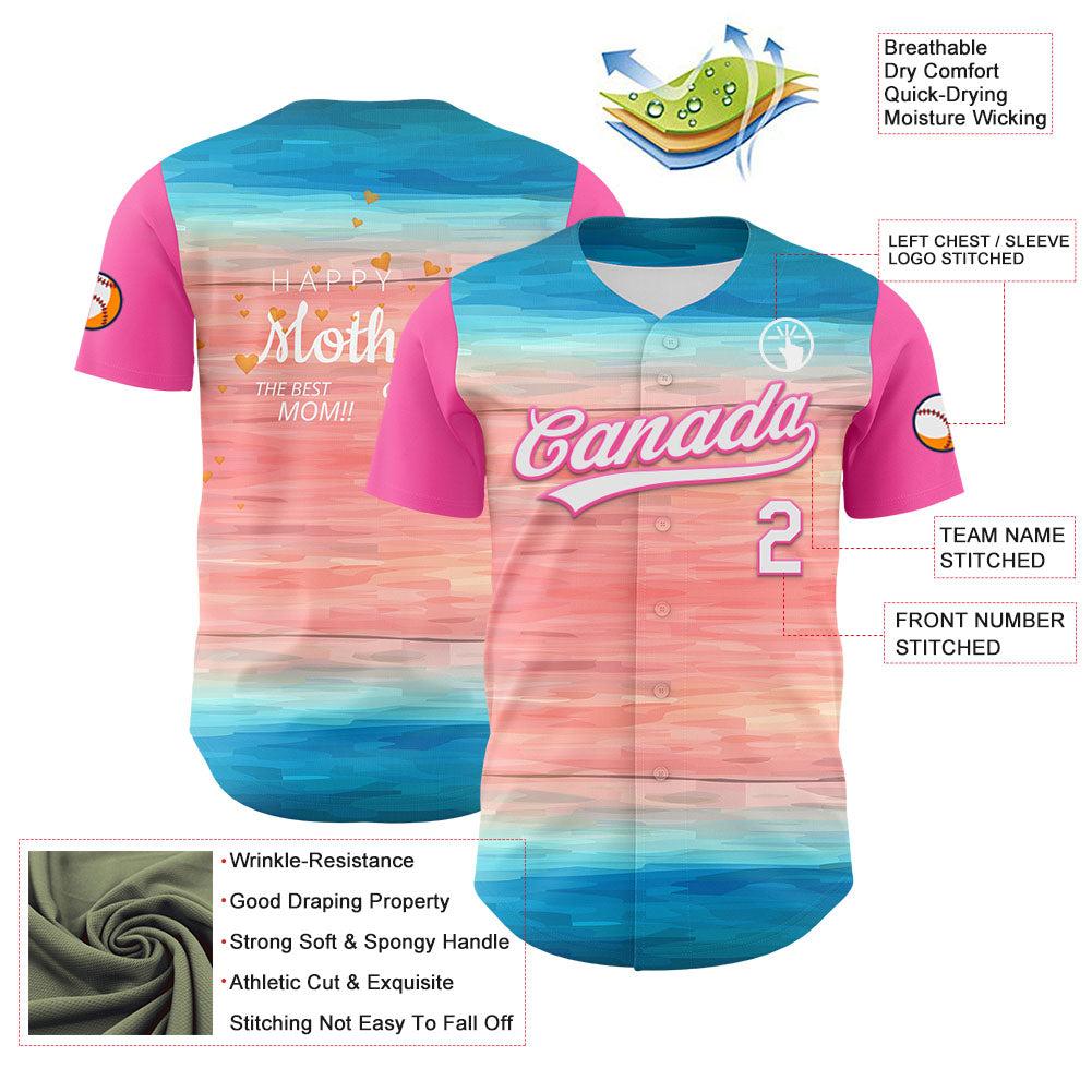 Custom Sky Blue White-Pink 3D Pattern Design Mother's Day Love Authentic Baseball Jersey baseball jersey product view 3
