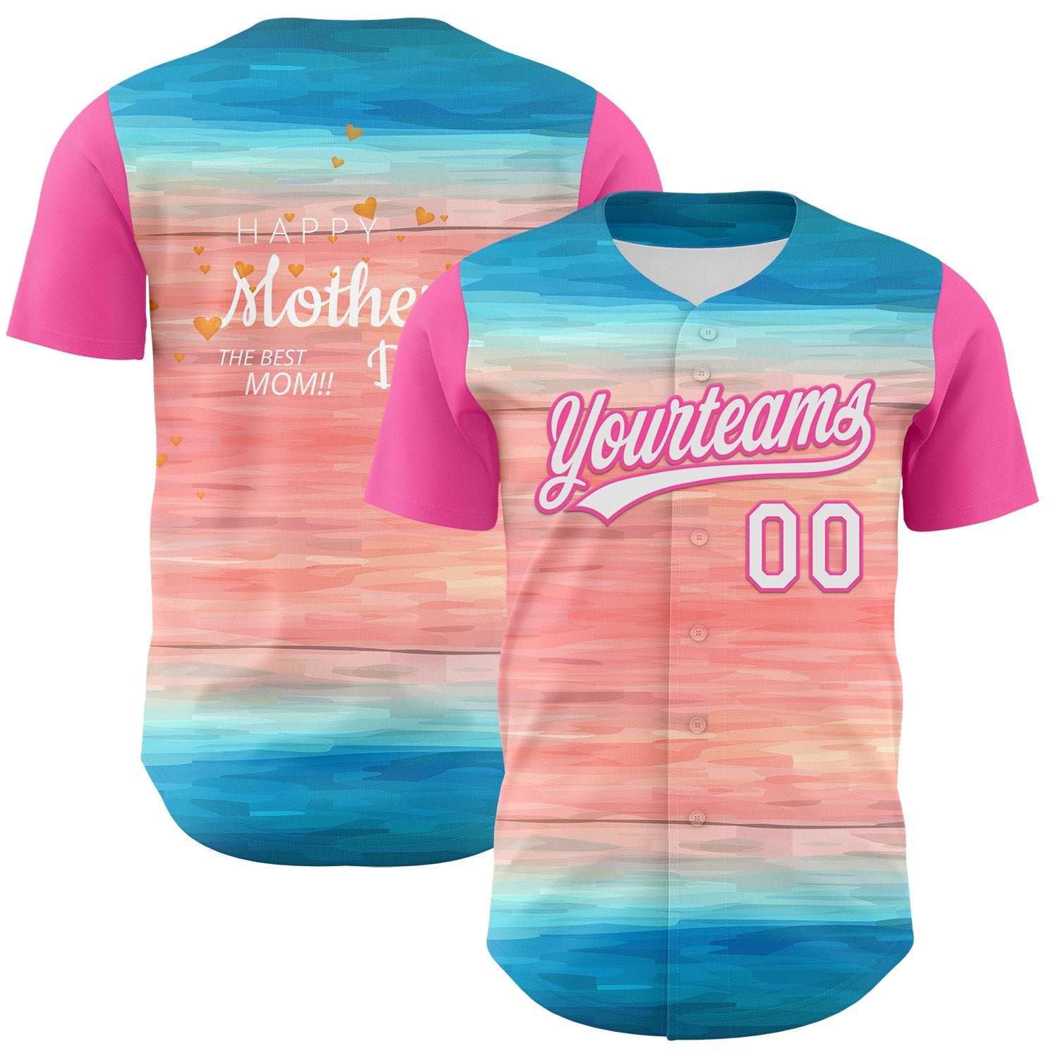 Custom Sky Blue White-Pink 3D Pattern Design Mother's Day Love Authentic Baseball Jersey baseball jersey product view 1