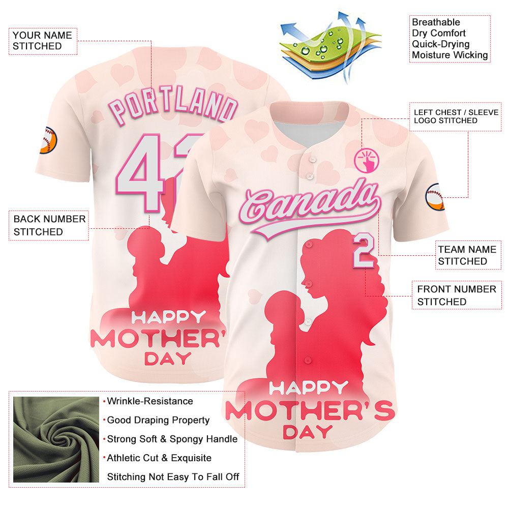 Custom Cream White-Pink 3D Pattern Design Mother's Day Family Love Authentic Baseball Jersey baseball jersey product view 3