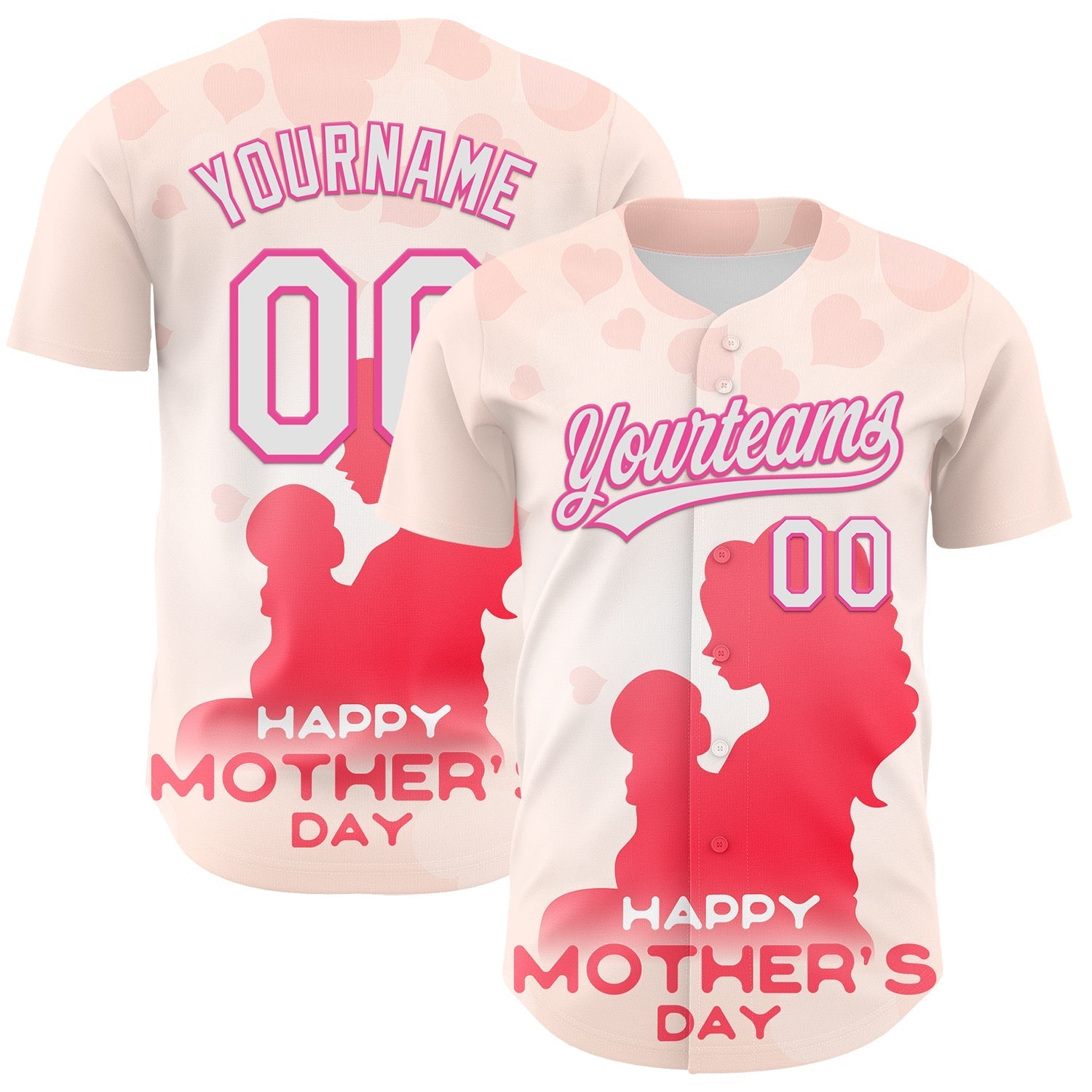 Custom Cream White-Pink 3D Pattern Design Mother's Day Family Love Authentic Baseball Jersey baseball jersey product view 1