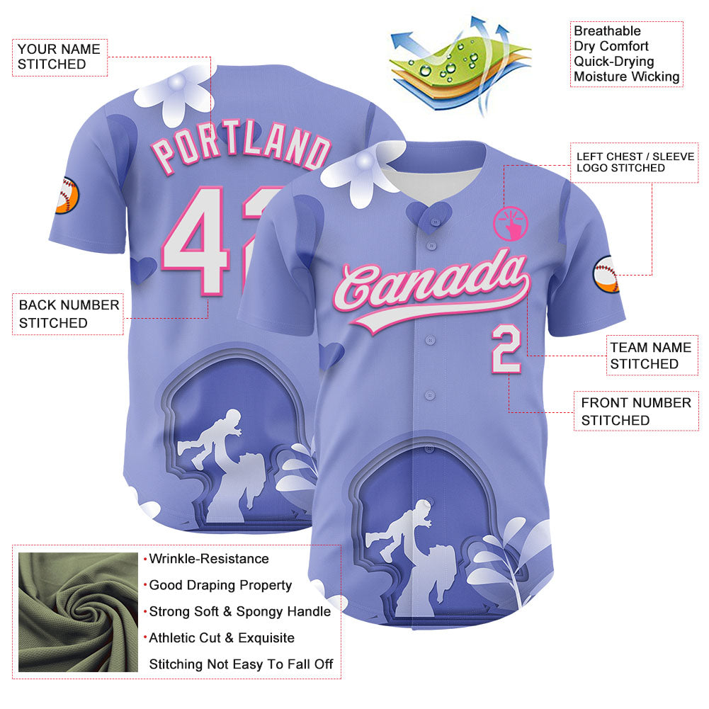 Custom Light Purple White-Pink 3D Pattern Design Mother's Day Family Love Authentic Baseball Jersey baseball jersey product view 3