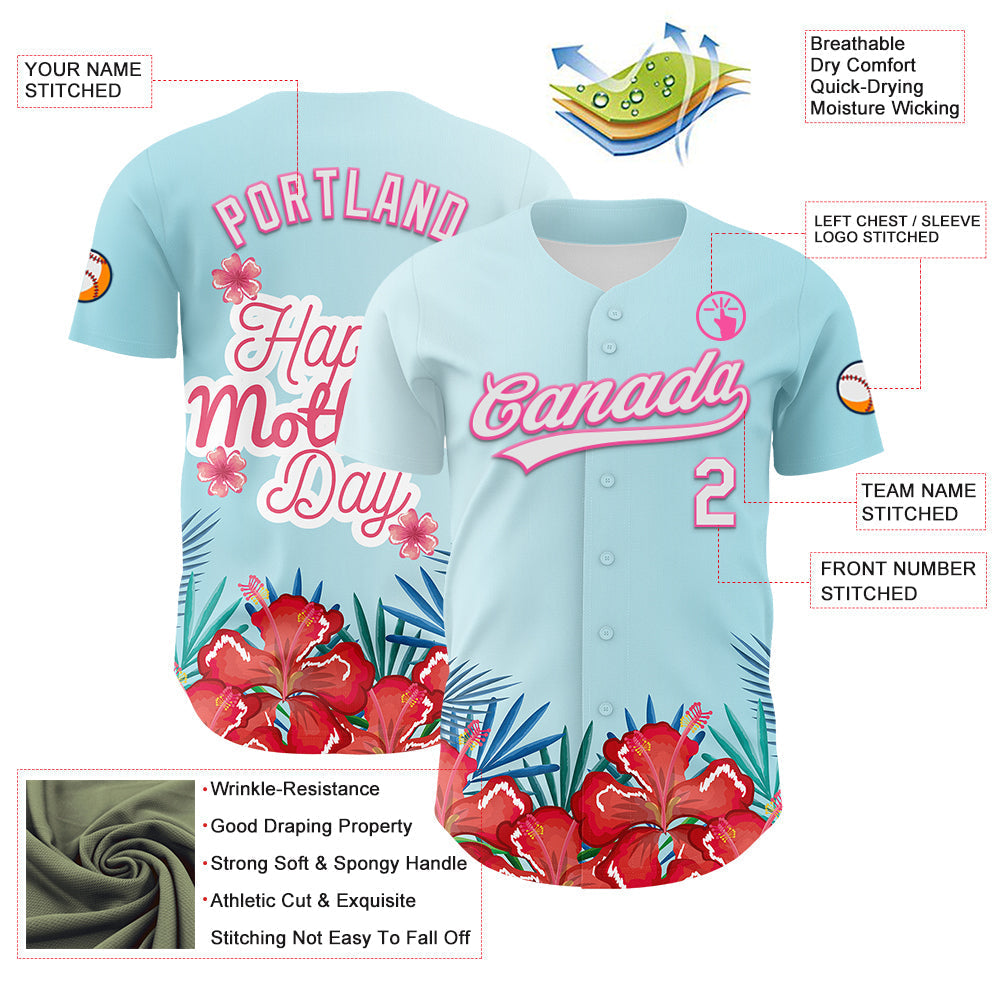 Custom Ice Blue White-Pink 3D Pattern Design Mother's Day Flower Authentic Baseball Jersey baseball jersey product view 3