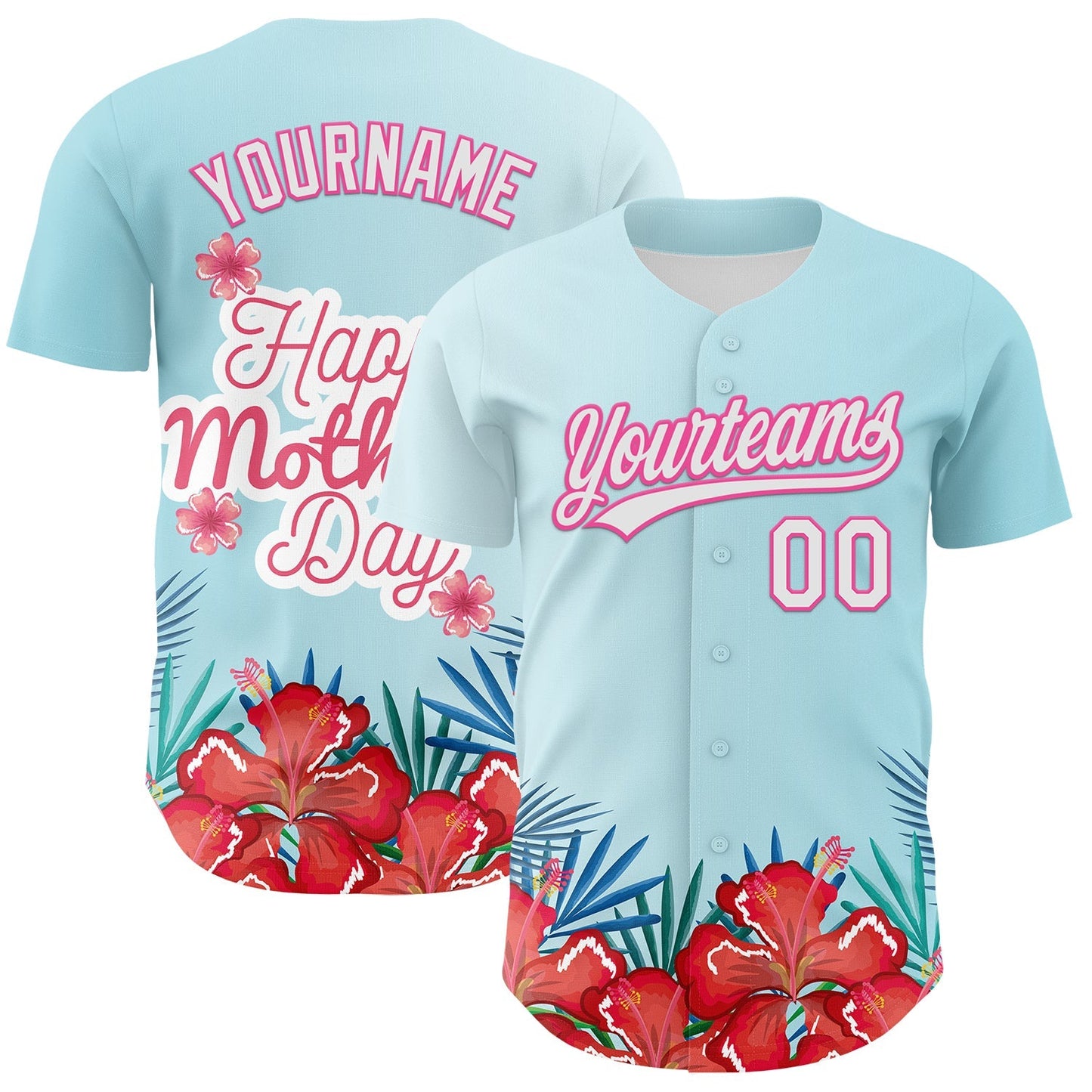 Custom Ice Blue White-Pink 3D Pattern Design Mother's Day Flower Authentic Baseball Jersey baseball jersey product view 1