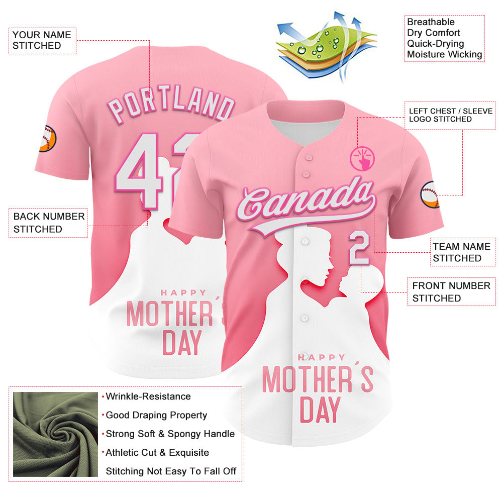 Custom Light Pink White-Pink 3D Pattern Design Mother's Day Family Love Authentic Baseball Jersey baseball jersey product view 3