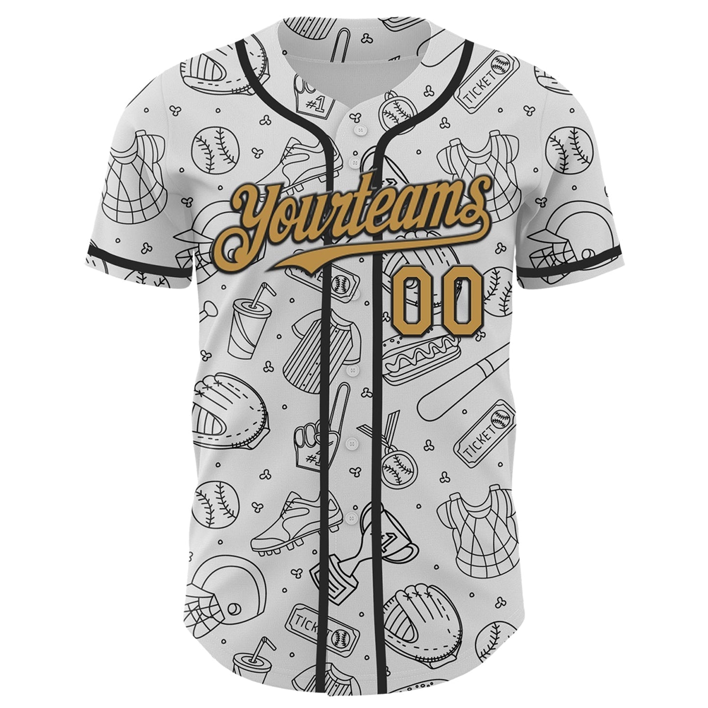 Custom White Old Gold-Black Comic Doodle Ballgame 3D Pattern Design Authentic Baseball Jersey baseball jersey product view 2
