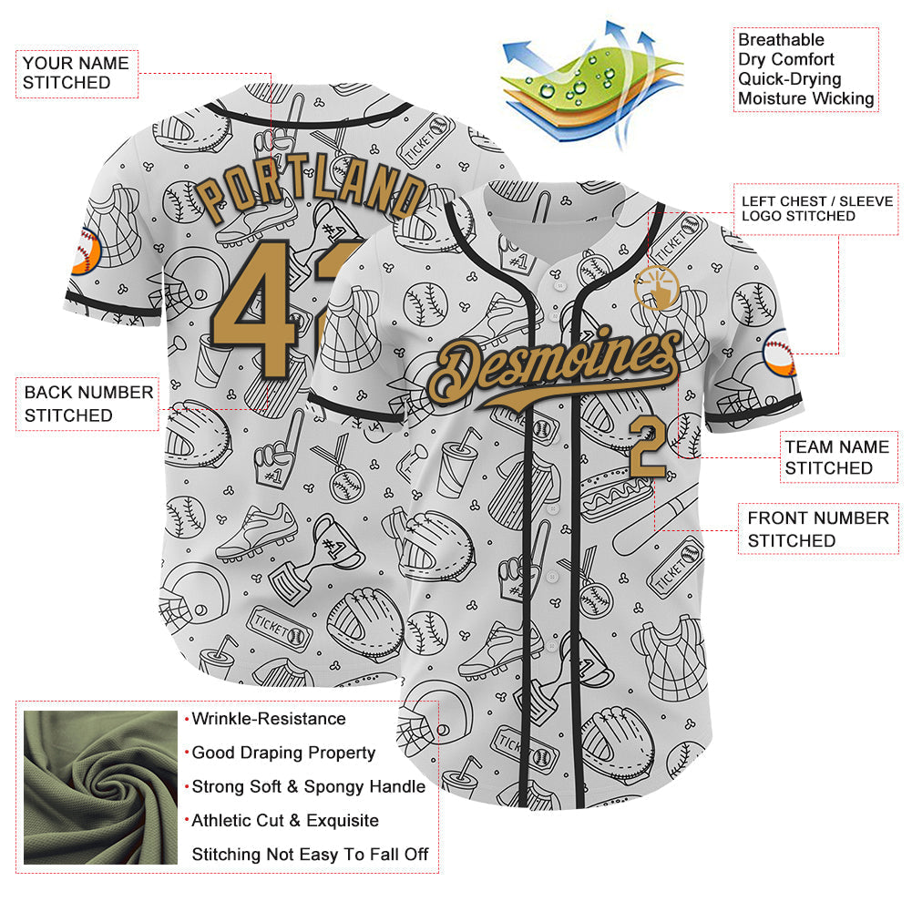 Custom White Old Gold-Black Comic Doodle Ballgame 3D Pattern Design Authentic Baseball Jersey baseball jersey product view 3