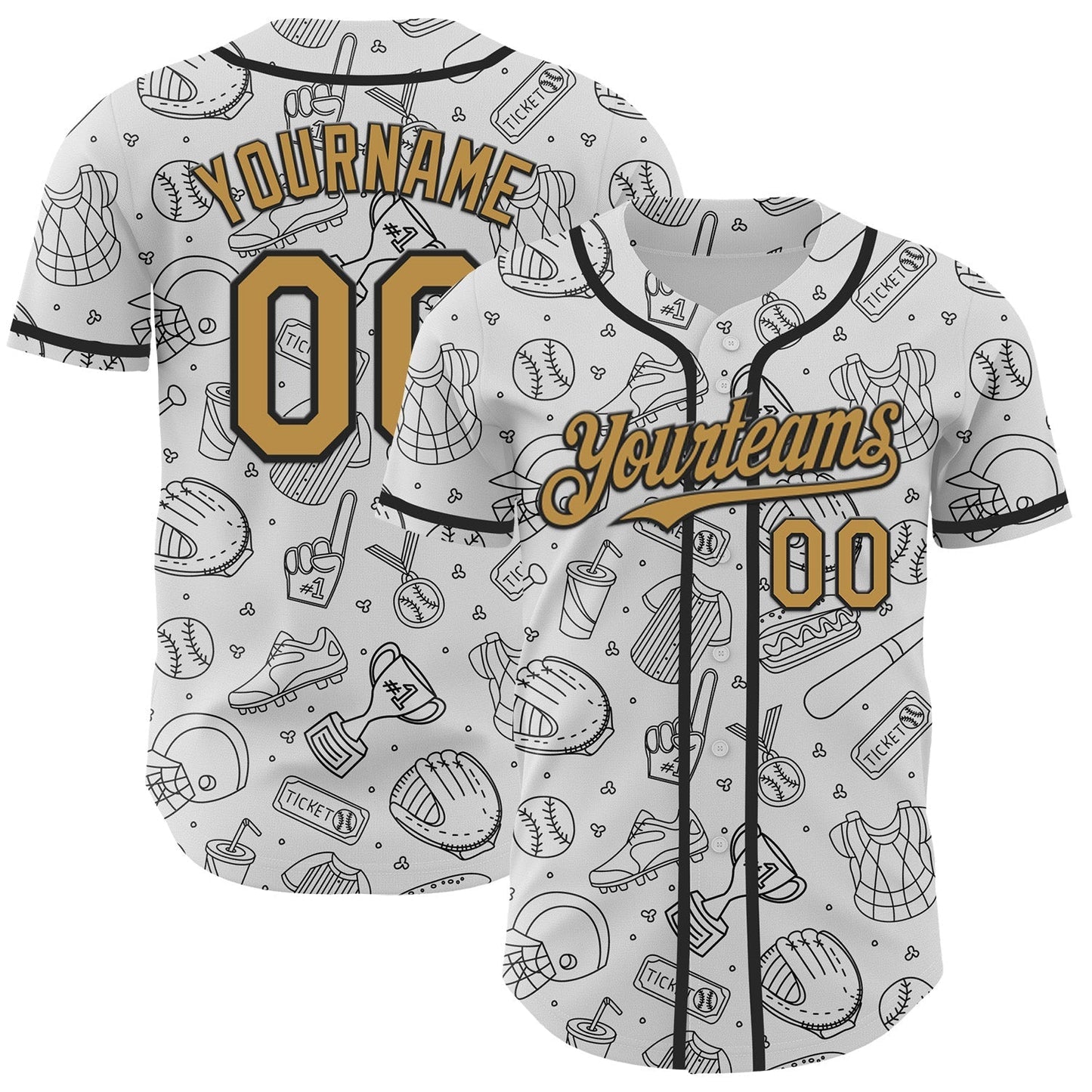 Custom White Old Gold-Black Comic Doodle Ballgame 3D Pattern Design Authentic Baseball Jersey baseball jersey product view 1