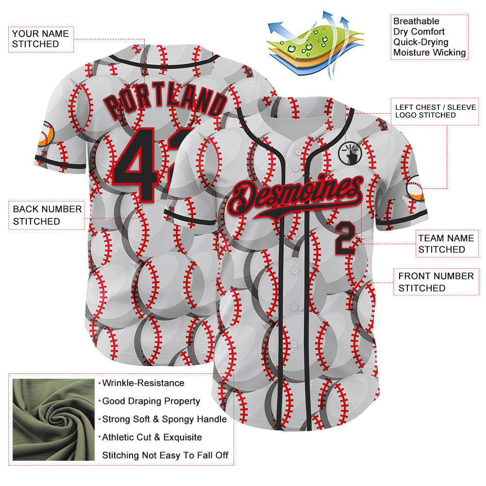 Custom White Black-Fire Red Comic Doodle Ballgame 3D Pattern Design Authentic Baseball Jersey baseball jersey product view 3