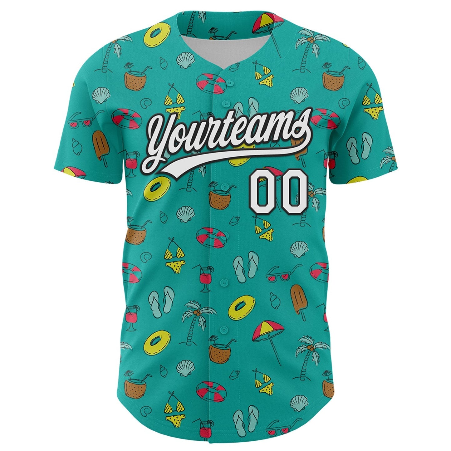 Custom Aqua White-Black 3D Hawaii Tropical Palm Tree And Beach Authentic Baseball Jersey baseball jersey product view 2