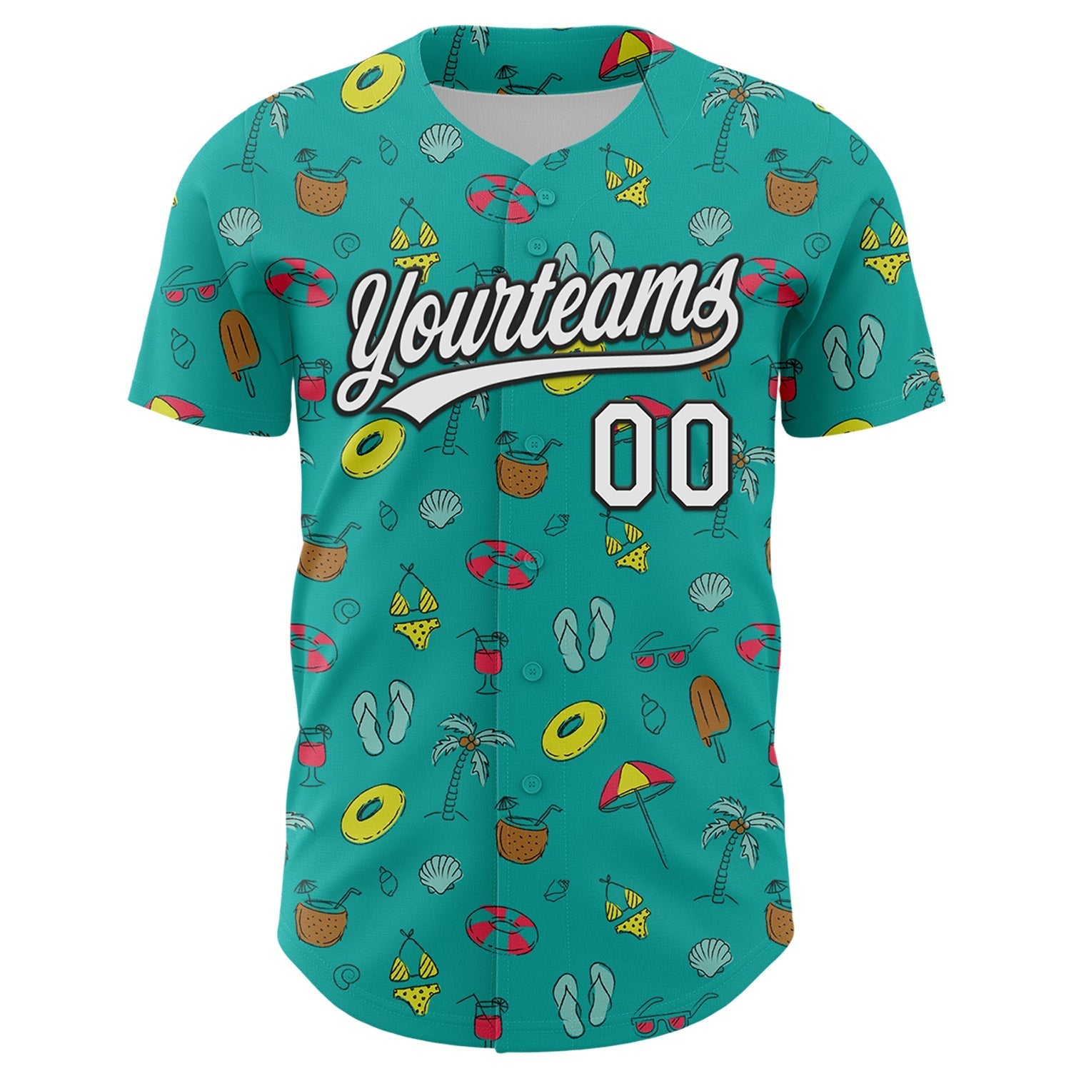 Custom Aqua White-Black 3D Hawaii Tropical Palm Tree And Beach Authentic Baseball Jersey baseball jersey product view 2