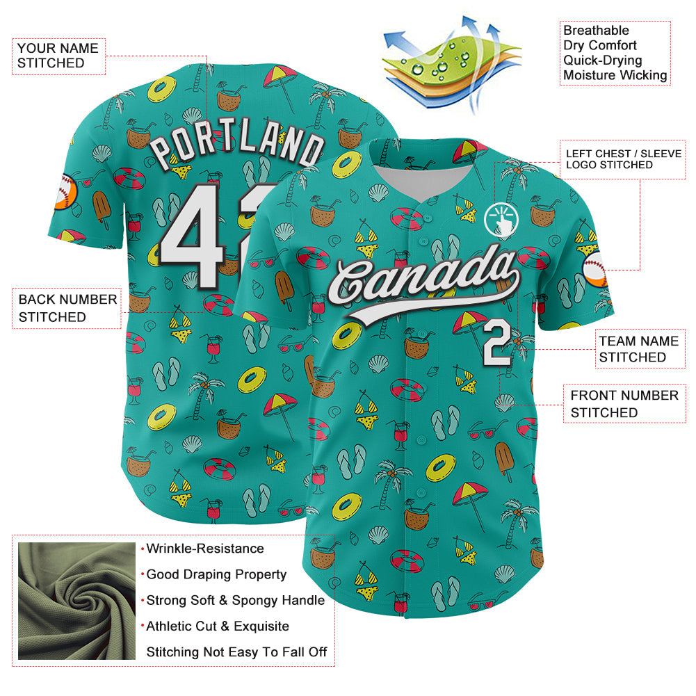 Custom Aqua White-Black 3D Hawaii Tropical Palm Tree And Beach Authentic Baseball Jersey baseball jersey product view 3
