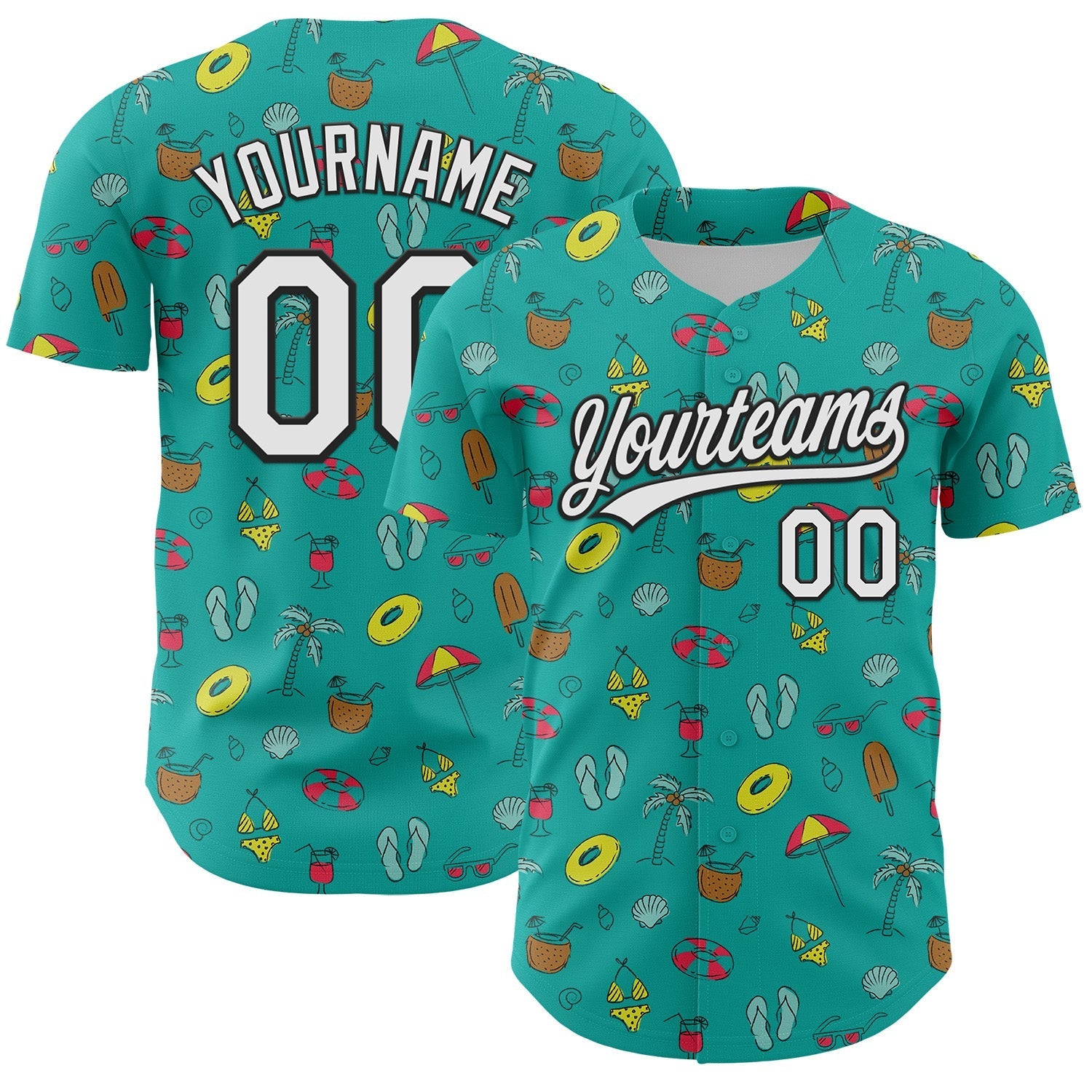 Custom Aqua White-Black 3D Hawaii Tropical Palm Tree And Beach Authentic Baseball Jersey baseball jersey product view 1