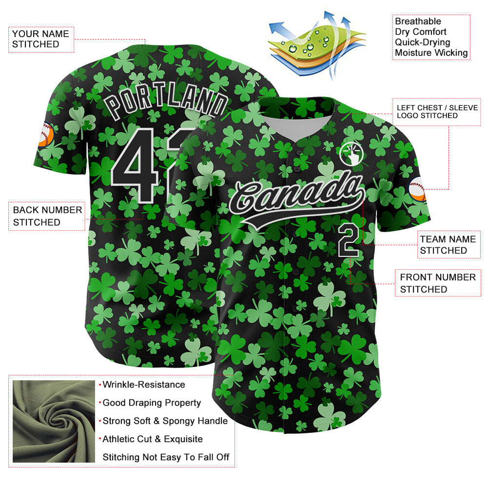 Custom Black White 3D St. Patrick's Day Shamrock Authentic Baseball Jersey baseball jersey product view 3