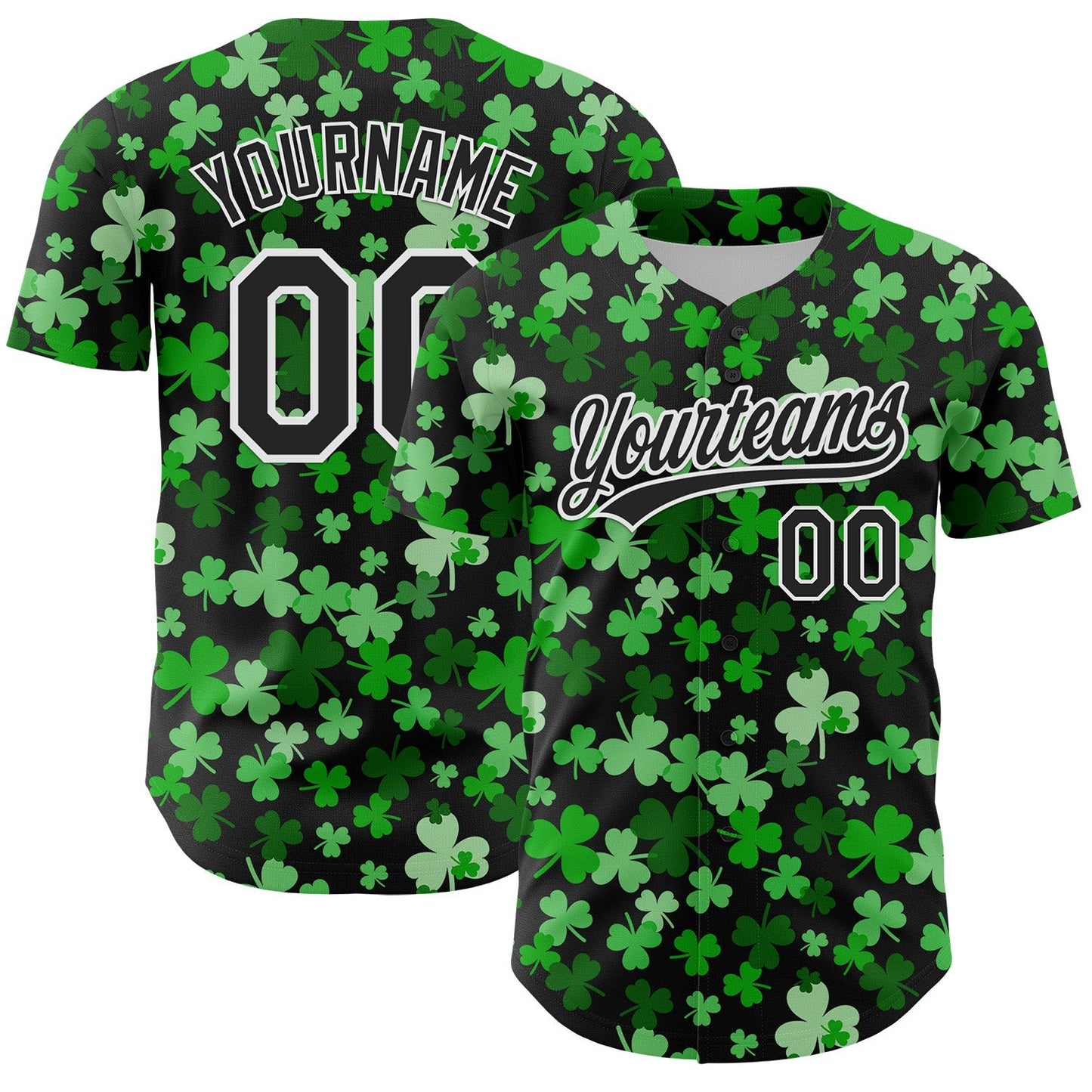 Custom Black White 3D St. Patrick's Day Shamrock Authentic Baseball Jersey baseball jersey product view 1