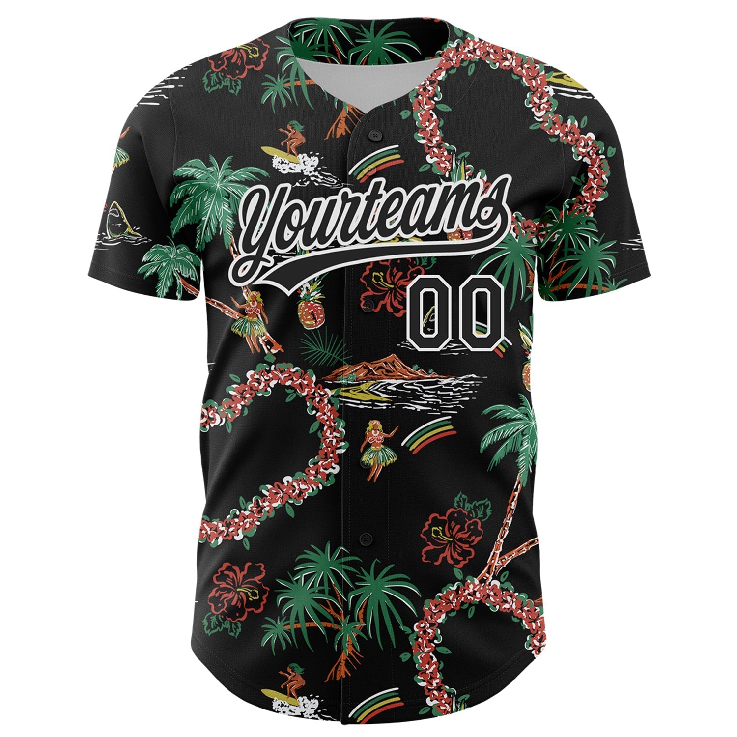 Custom Black White 3D Hawaii Island Tropical Palm Tree And Flower Authentic Baseball Jersey baseball jersey product view 2