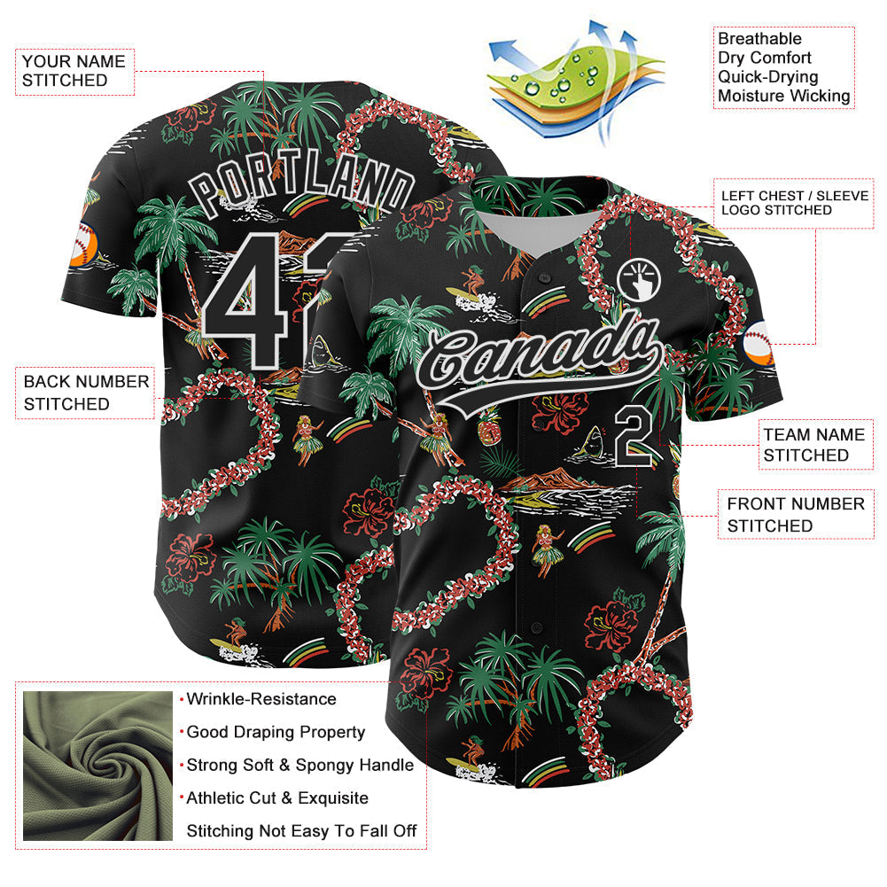 Custom Black White 3D Hawaii Island Tropical Palm Tree And Flower Authentic Baseball Jersey baseball jersey product view 3