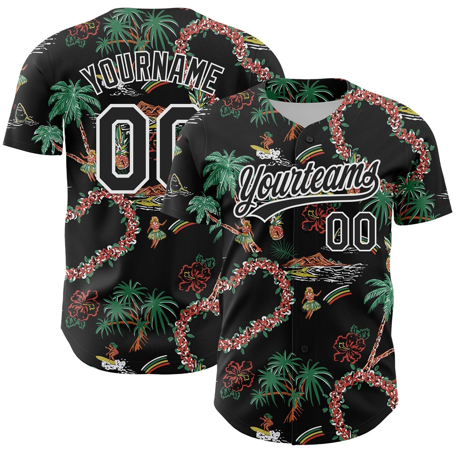 Custom Black White 3D Hawaii Island Tropical Palm Tree And Flower Authentic Baseball Jersey baseball jersey product view 1