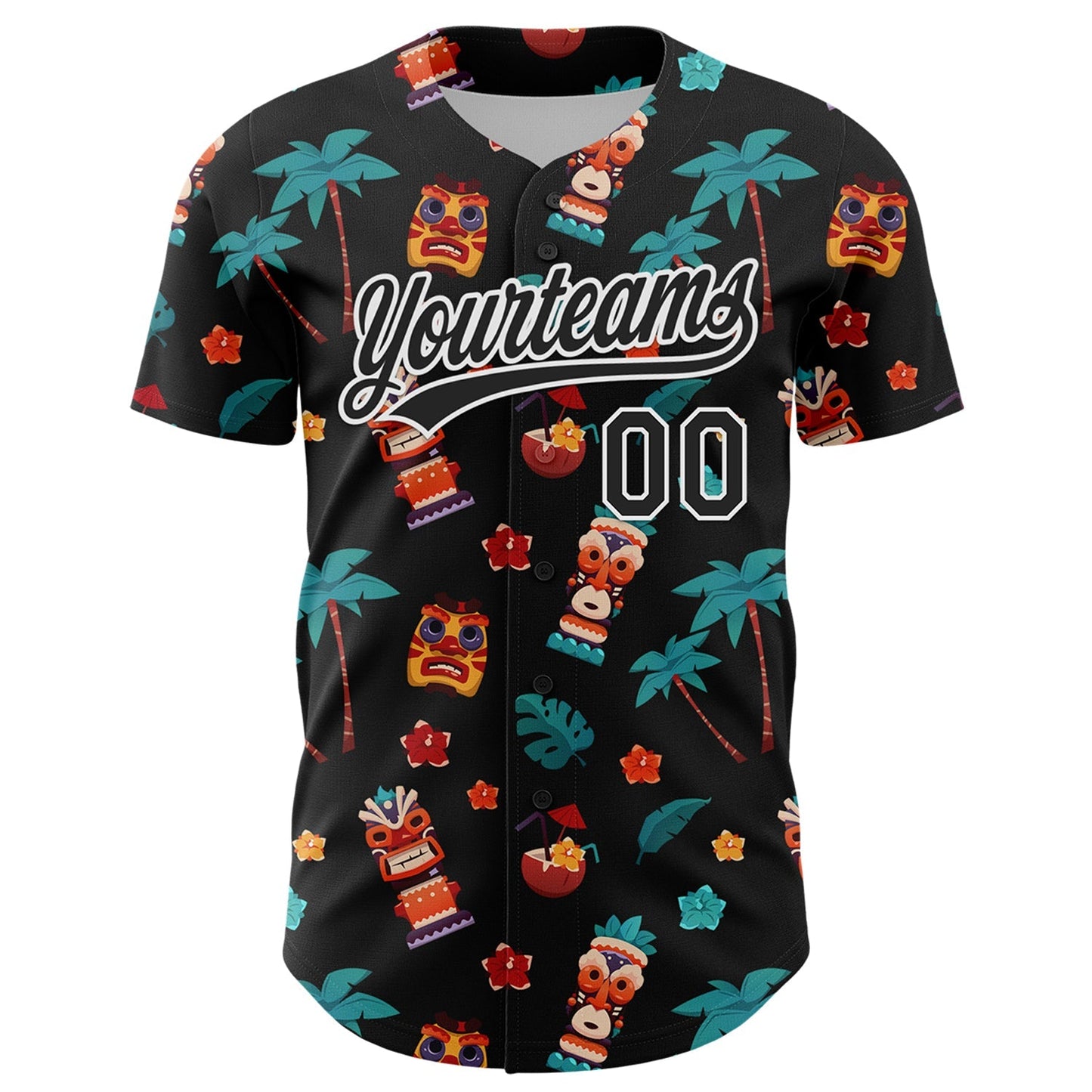 Custom Black White 3D Hawaii Tropical Palm Tree Flower And Tiki Mask Authentic Baseball Jersey baseball jersey product view 2