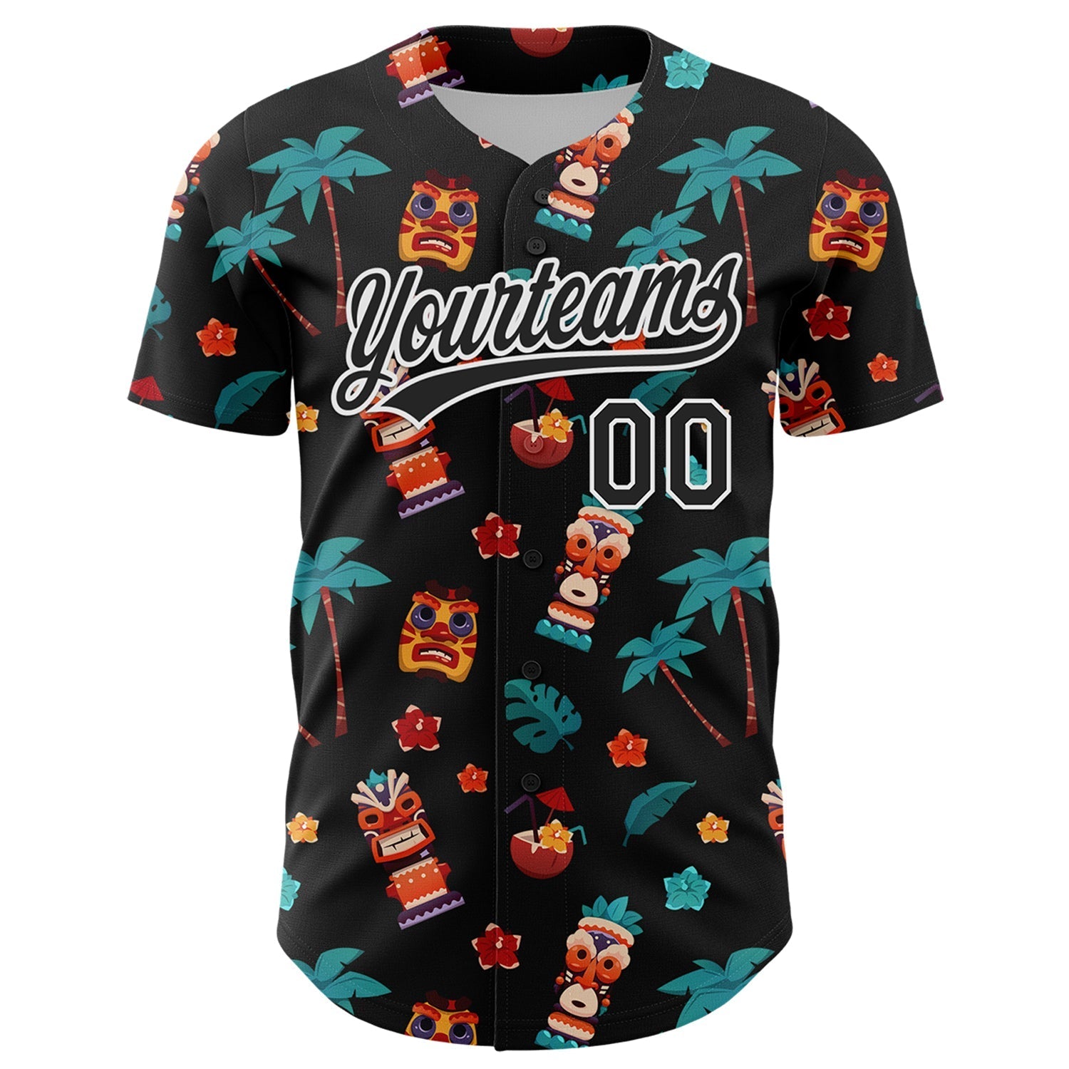 Custom Black White 3D Hawaii Tropical Palm Tree Flower And Tiki Mask Authentic Baseball Jersey baseball jersey product view 2