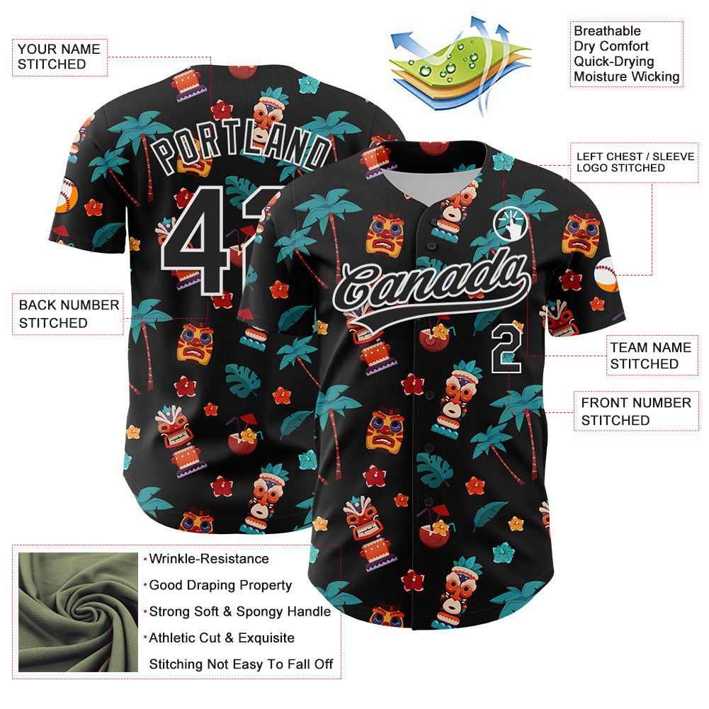 Custom Black White 3D Hawaii Tropical Palm Tree Flower And Tiki Mask Authentic Baseball Jersey baseball jersey product view 3