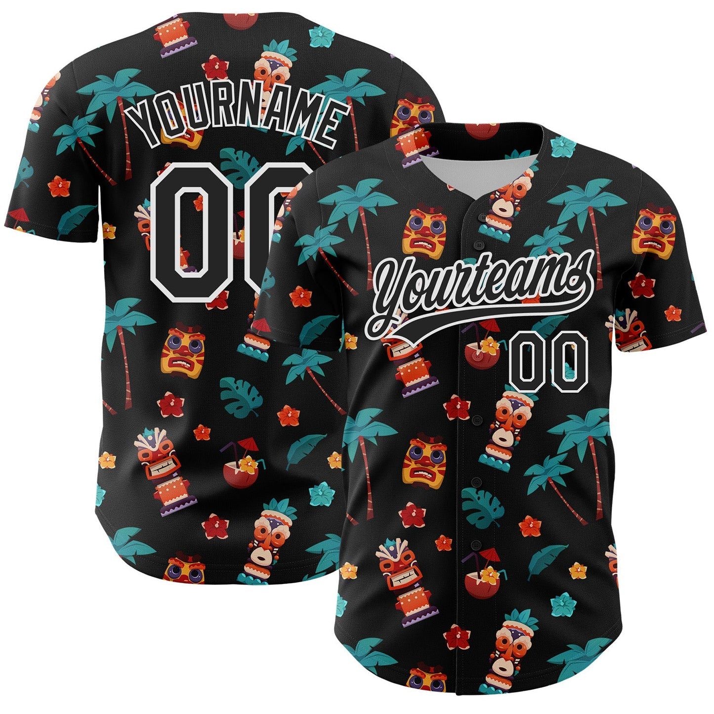 Custom Black White 3D Hawaii Tropical Palm Tree Flower And Tiki Mask Authentic Baseball Jersey baseball jersey product view 1