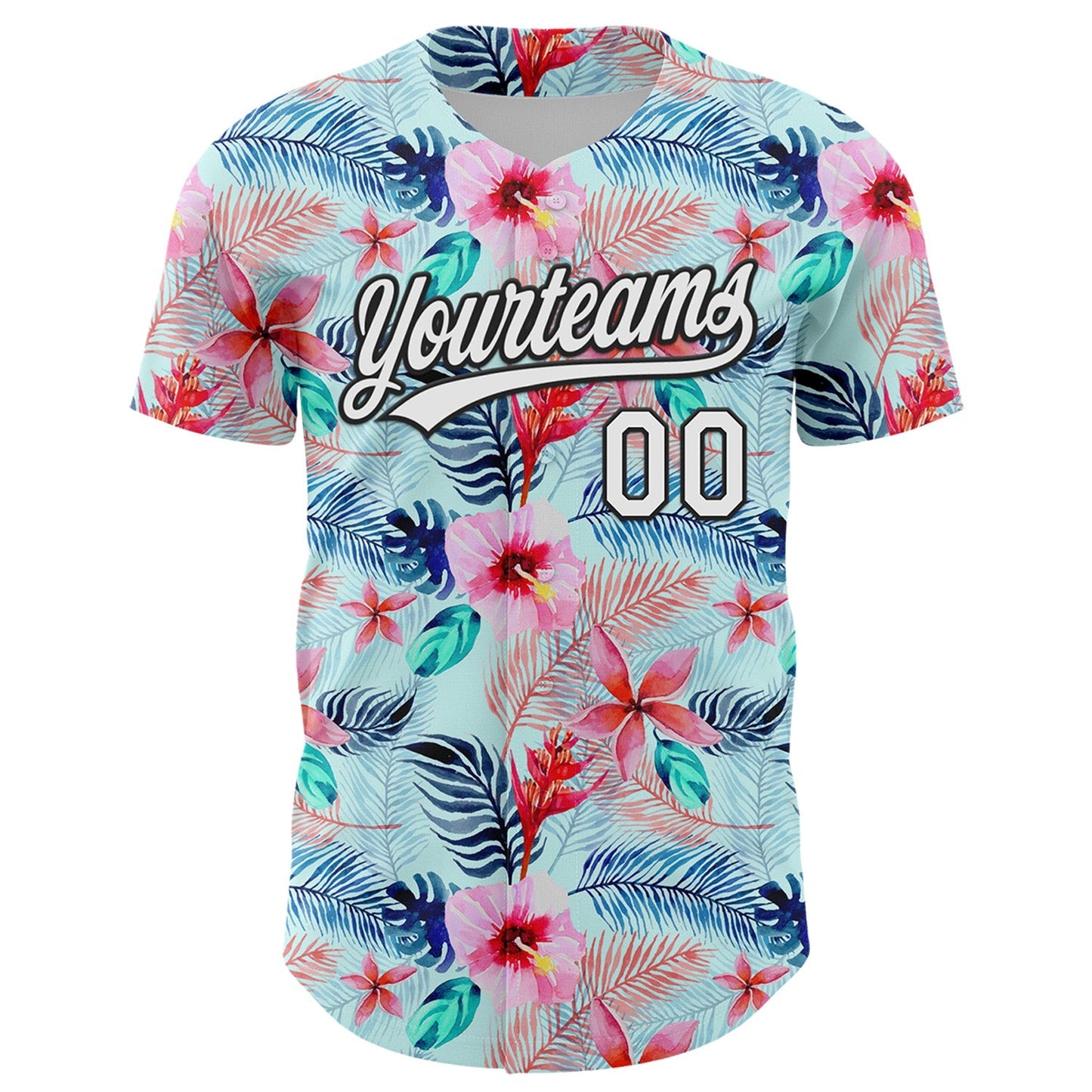 Custom Ice Blue White-Black 3D Hawaii Tropical Palm Leaves And Flower Authentic Baseball Jersey baseball jersey product view 2