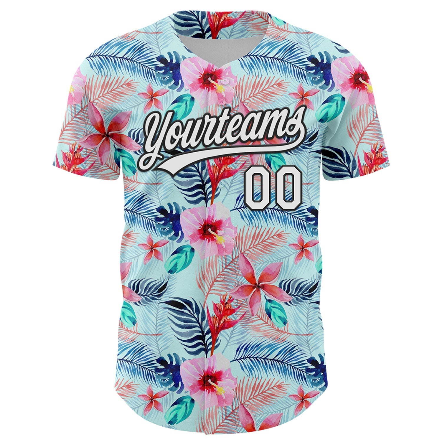 Custom Ice Blue White-Black 3D Hawaii Tropical Palm Leaves And Flower Authentic Baseball Jersey baseball jersey product view 2