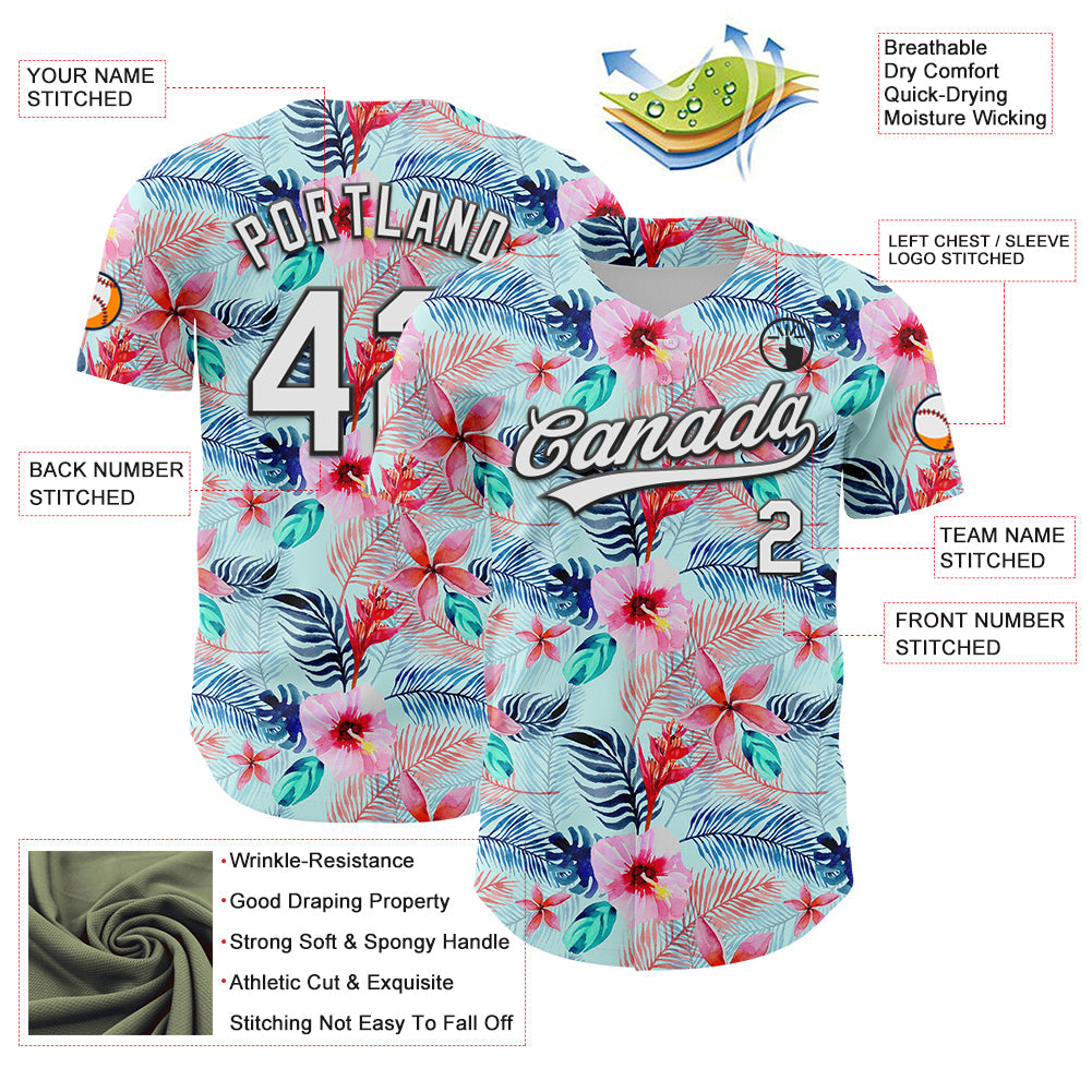 Custom Ice Blue White-Black 3D Hawaii Tropical Palm Leaves And Flower Authentic Baseball Jersey baseball jersey product view 3