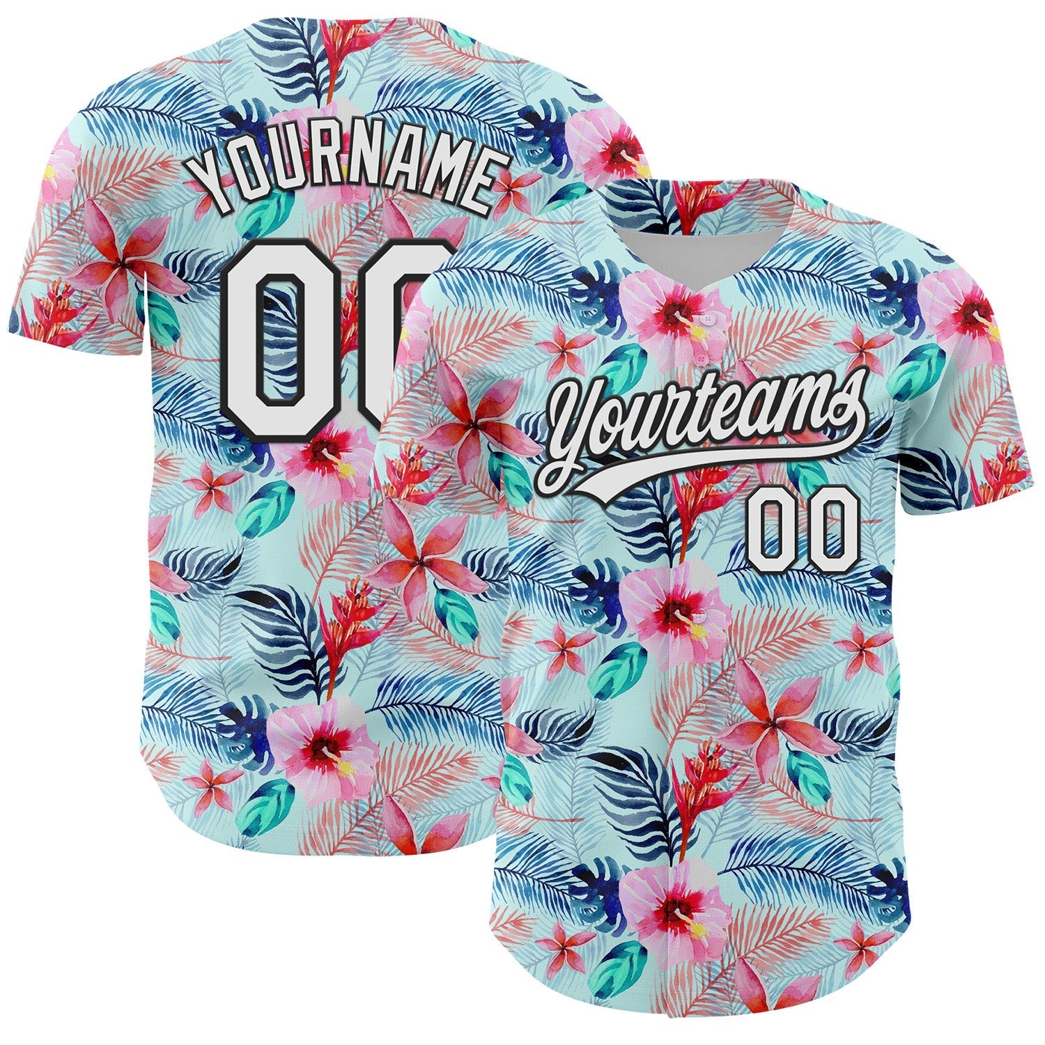 Custom Ice Blue White-Black 3D Hawaii Tropical Palm Leaves And Flower Authentic Baseball Jersey baseball jersey product view 1