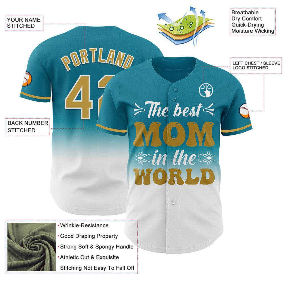 Custom Teal Old Gold-White 3D Pattern Design Gradient Mother's Day Authentic Baseball Jersey baseball jersey product view 3