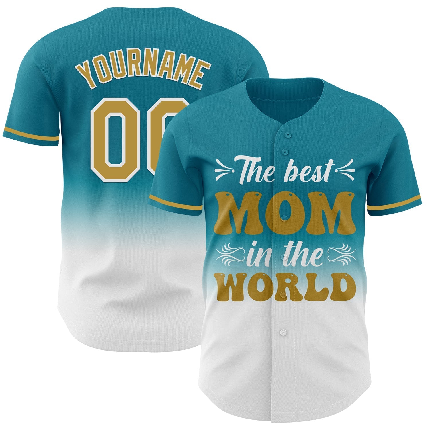 Custom Teal Old Gold-White 3D Pattern Design Gradient Mother's Day Authentic Baseball Jersey baseball jersey product view 1